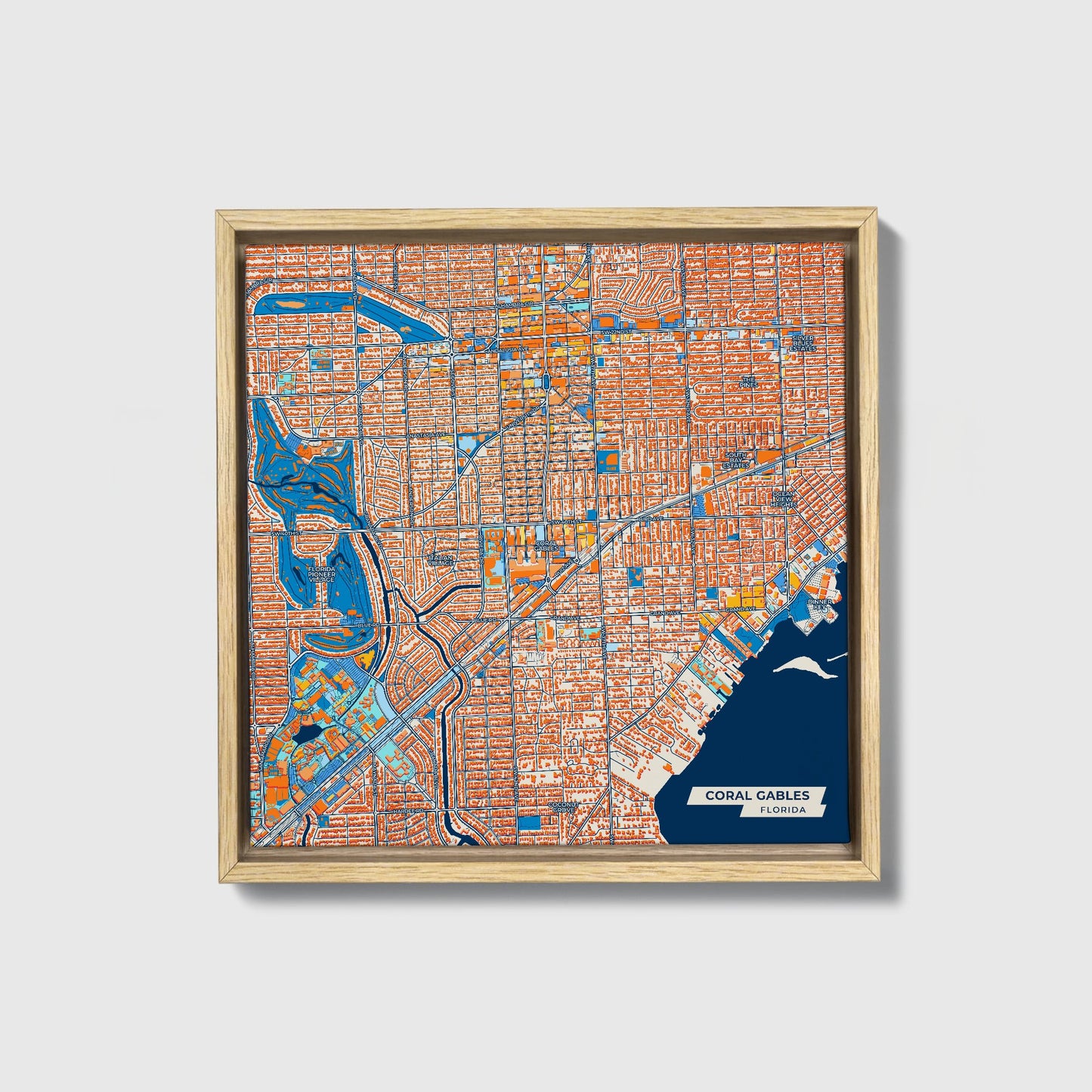 Coral Gables Florida Colorful City Map Canvas Print • Natural Wooden Framed