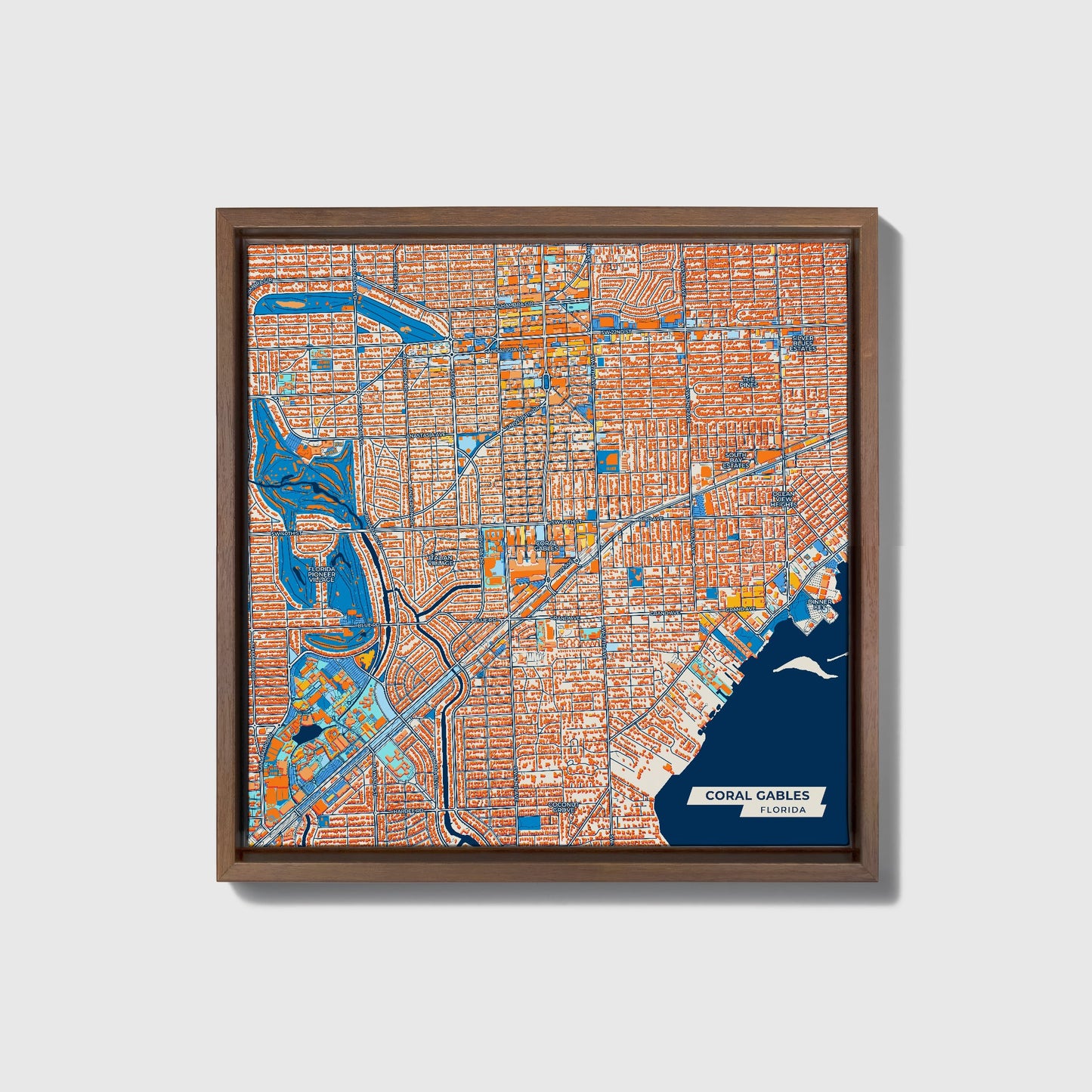 Coral Gables Florida Colorful City Map Canvas Print • Dark Wooden Framed