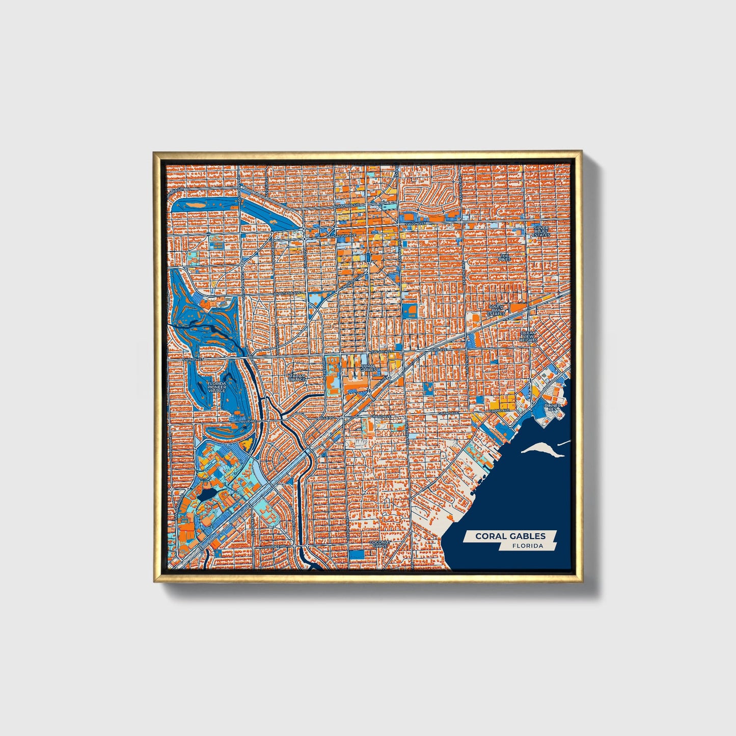 Coral Gables Florida Colorful City Map Canvas Print • Gold Framed