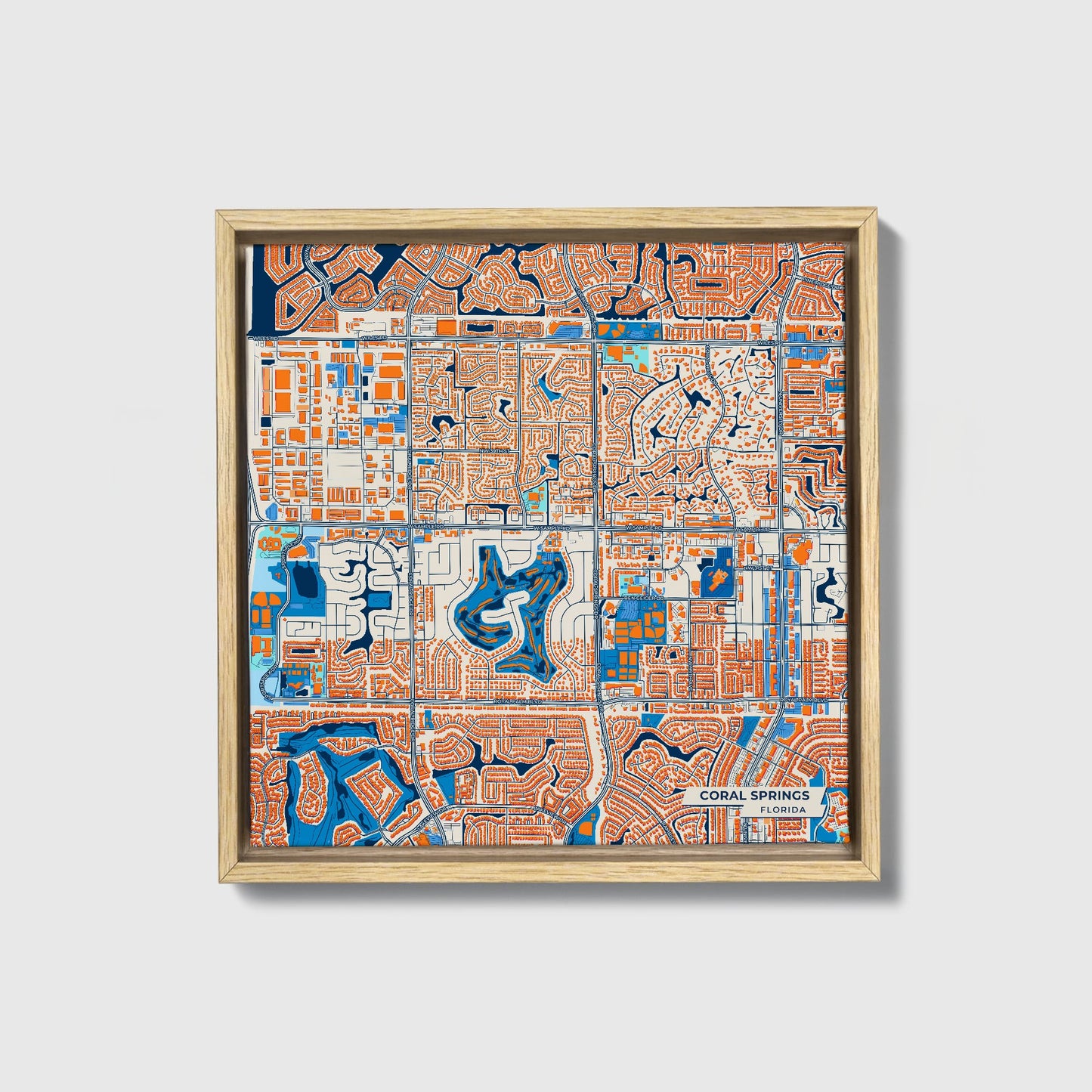 Coral Springs Florida Colorful City Map Canvas Print • Natural Wooden Framed