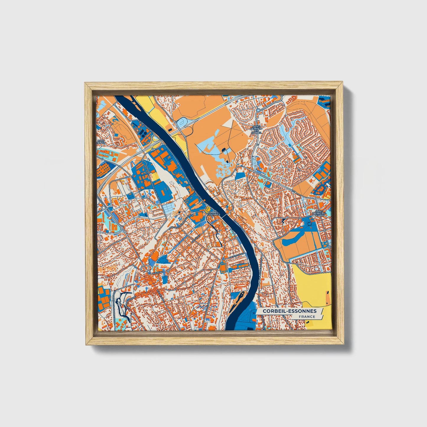 Corbeil-Essonnes France Colorful City Map Canvas Print • Natural Wooden Framed