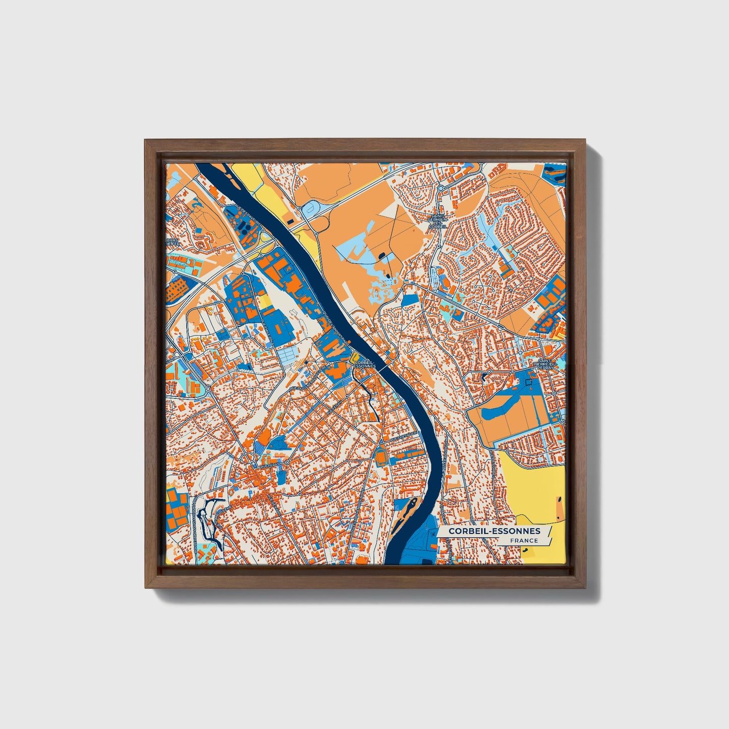Corbeil-Essonnes France Colorful City Map Canvas Print • Dark Wooden Framed
