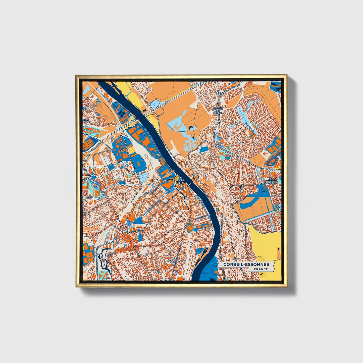 Corbeil-Essonnes France Colorful City Map Canvas Print • Gold Framed