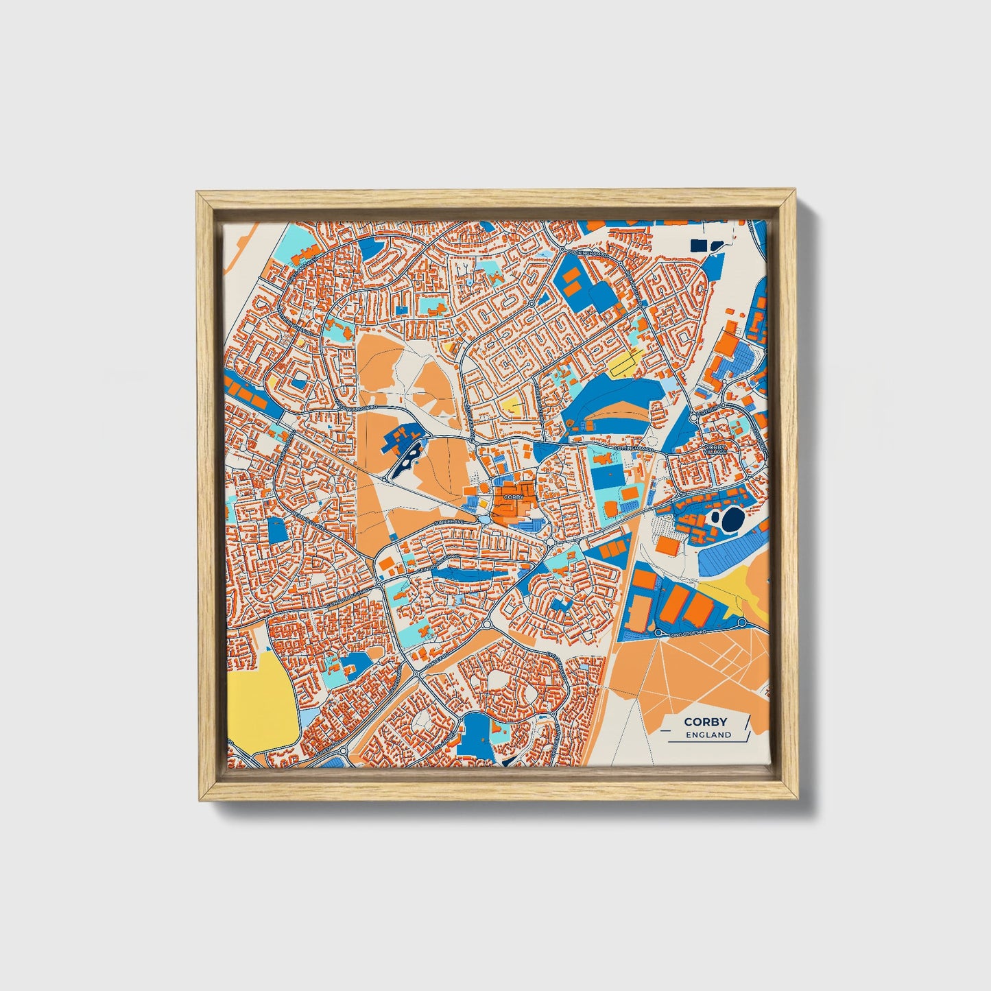 Corby England Colorful City Map Canvas Print • Natural Wooden Framed