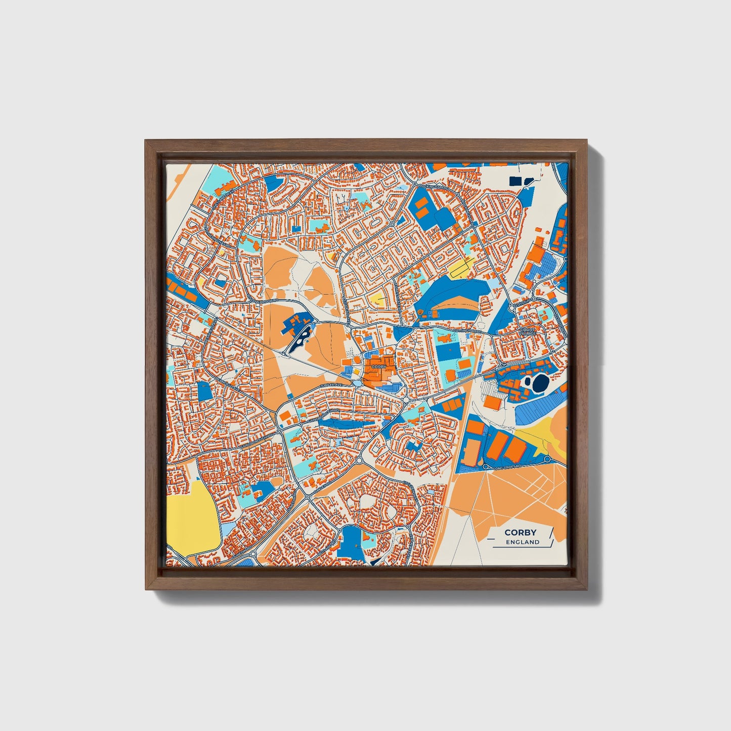 Corby England Colorful City Map Canvas Print • Dark Wooden Framed