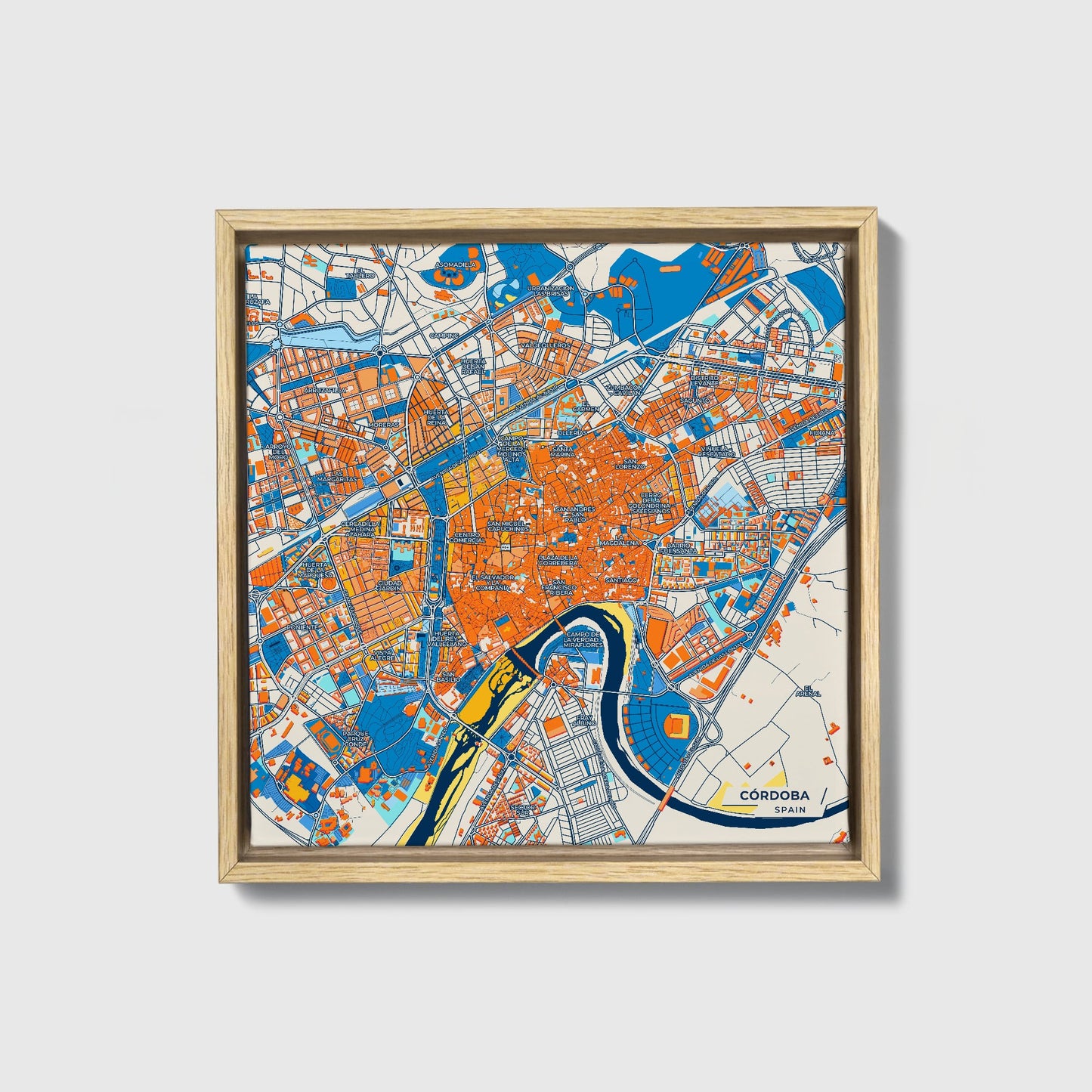 Córdoba Spain Colorful City Map Canvas Print • Natural Wooden Framed