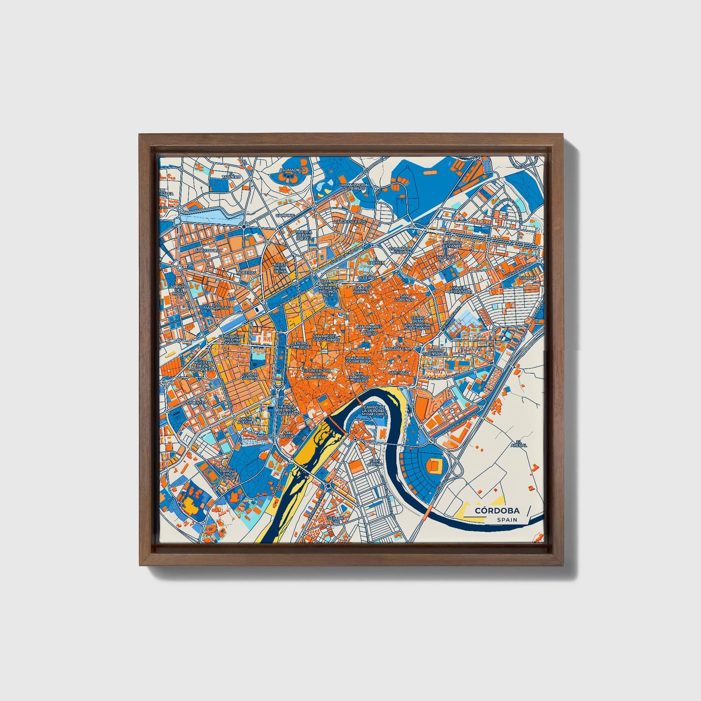Córdoba Spain Colorful City Map Canvas Print • Dark Wooden Framed