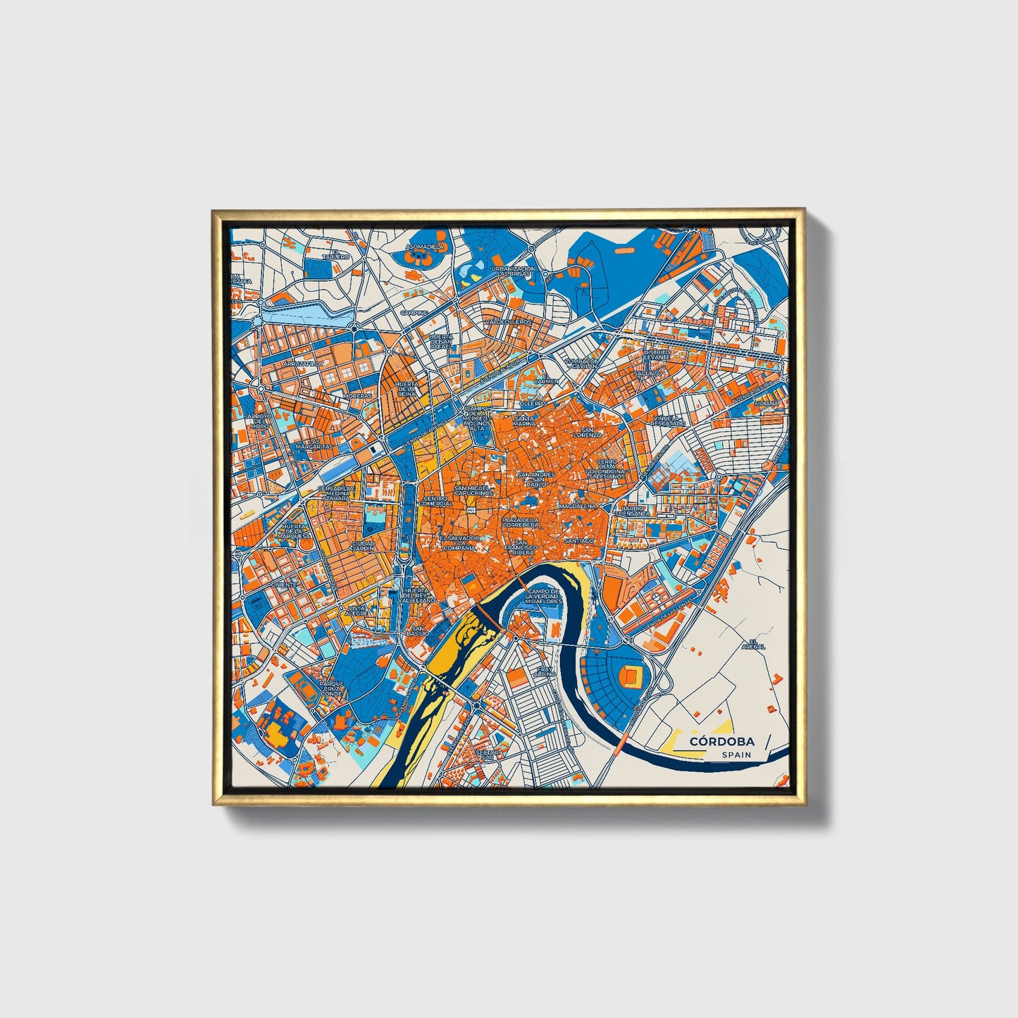 Córdoba Spain Colorful City Map Canvas Print • Gold Framed