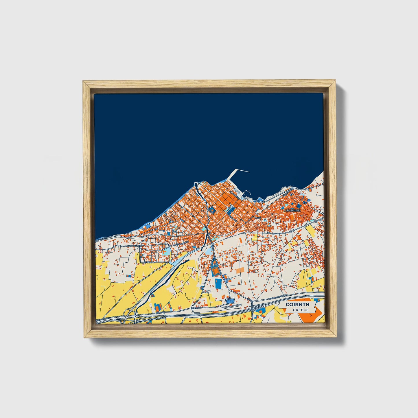 Κορινθος Greece Colorful City Map Canvas Print • Natural Wooden Framed