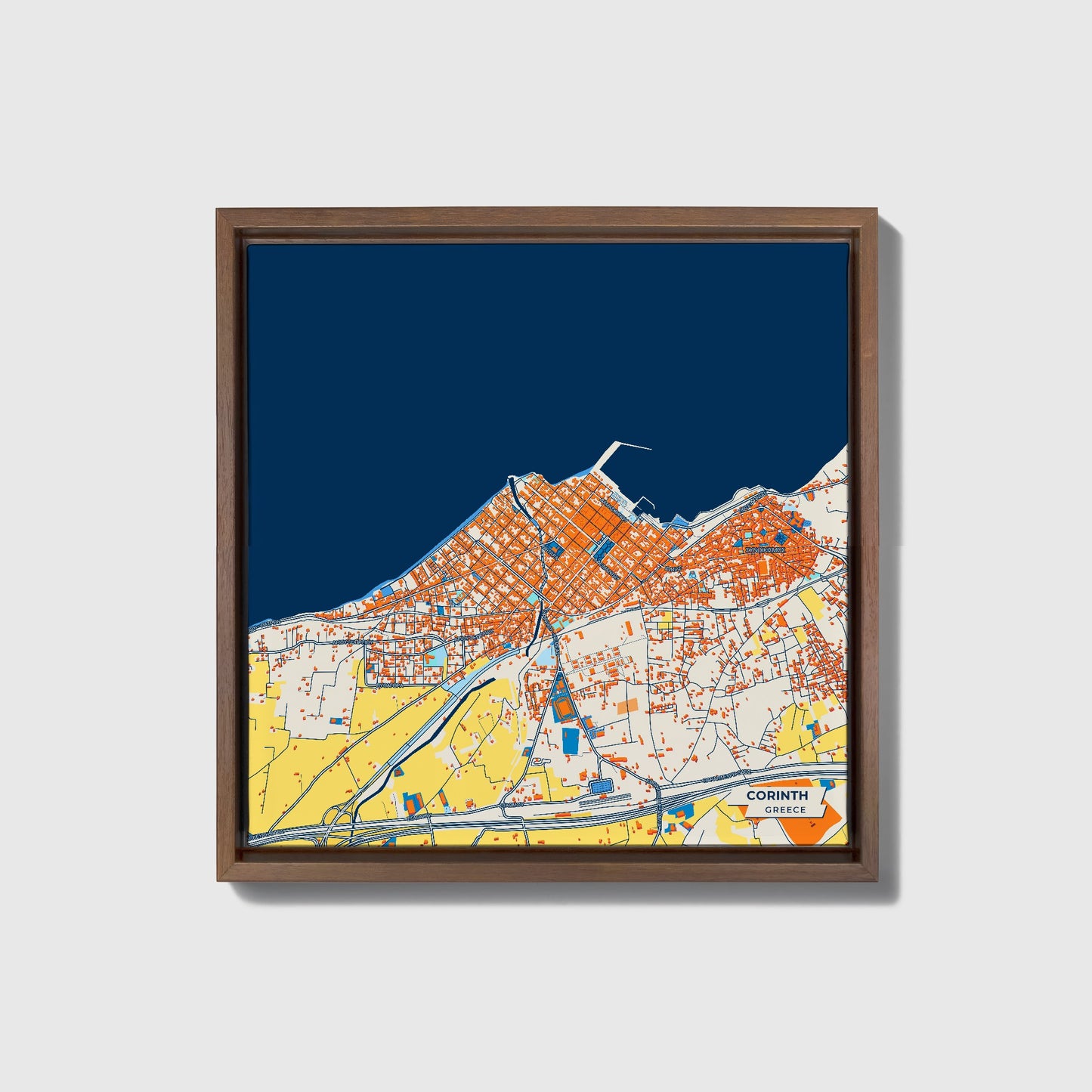 Κορινθος Greece Colorful City Map Canvas Print • Dark Wooden Framed