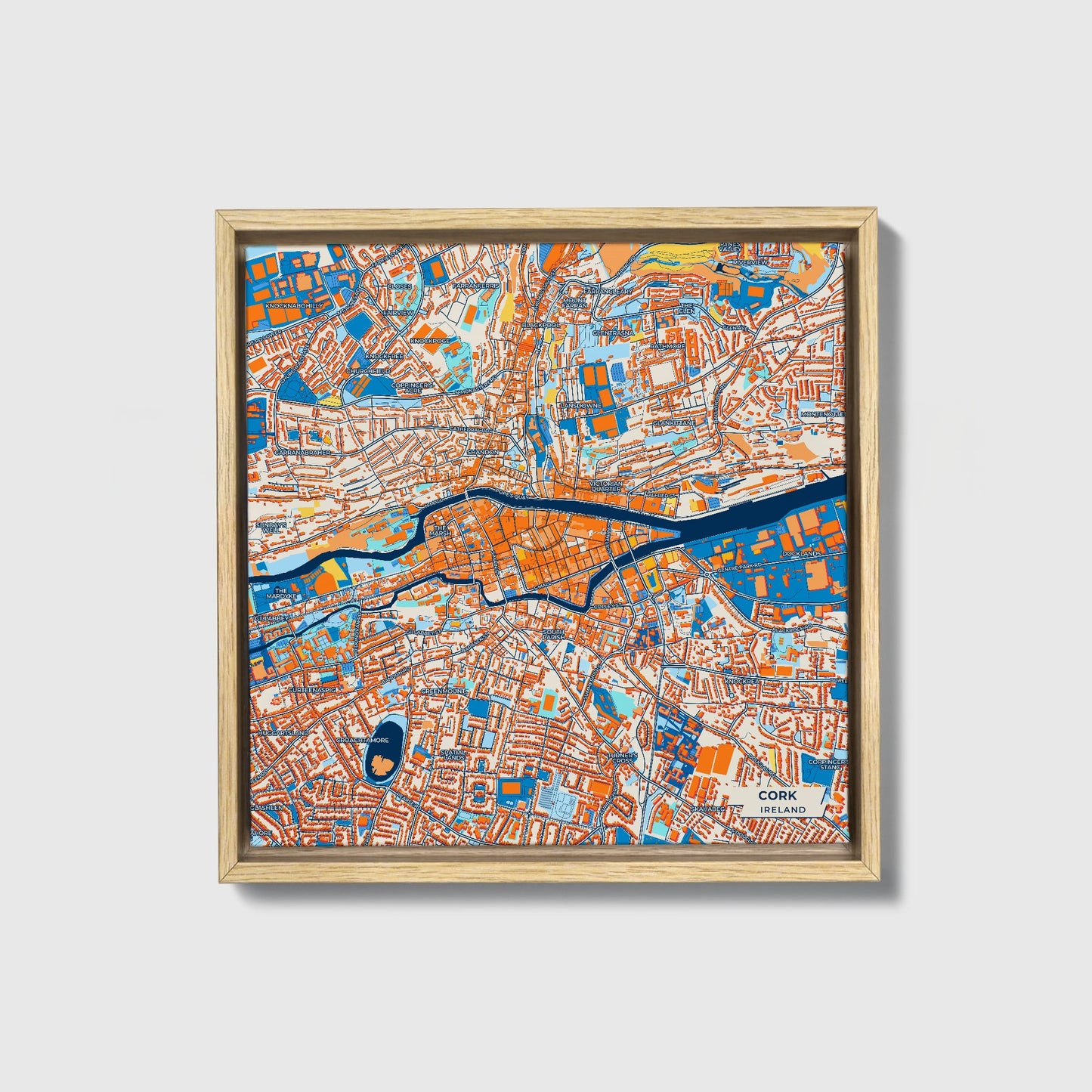 Cork Ireland Colorful City Map Canvas Print • Natural Wooden Framed