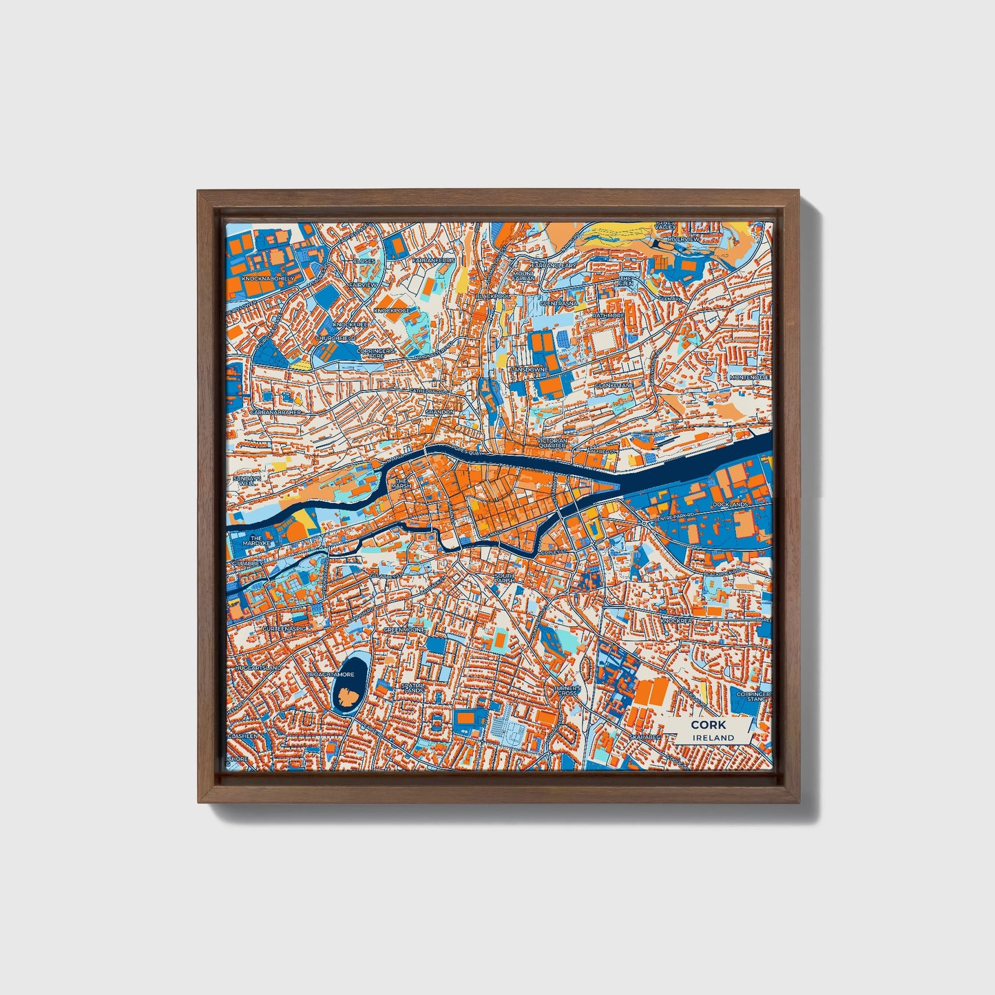 Cork Ireland Colorful City Map Canvas Print • Dark Wooden Framed