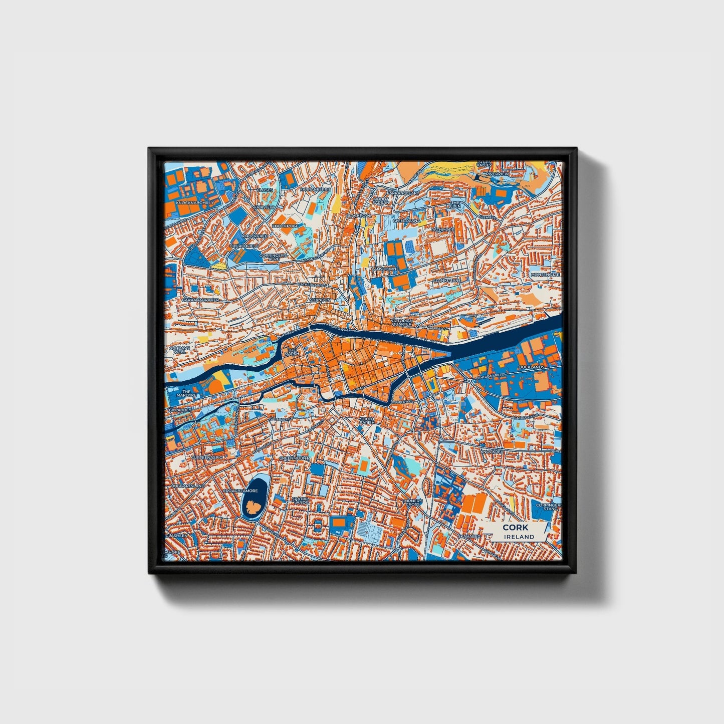 Cork Ireland Colorful City Map Canvas Print • Black Framed