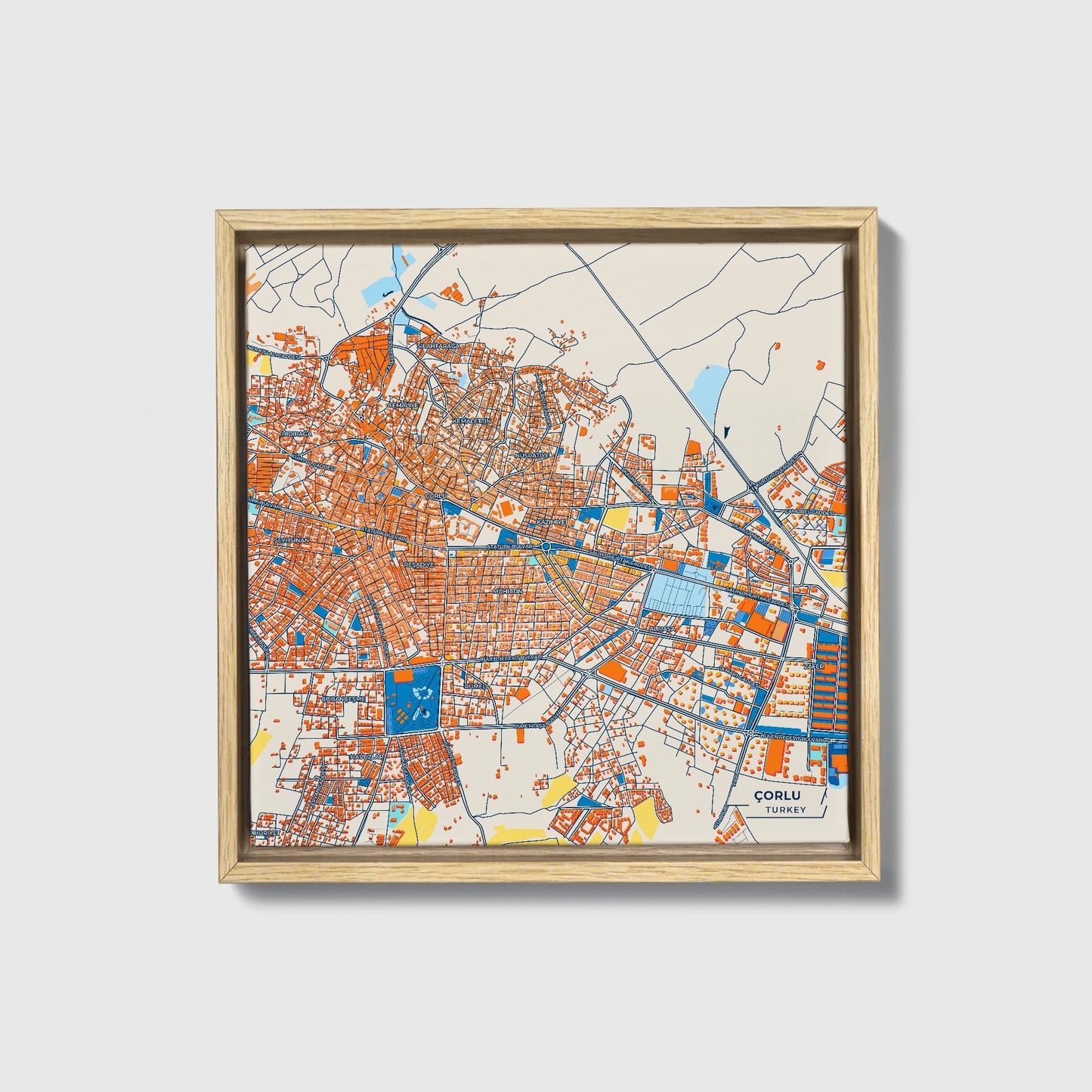 Çorlu Turkey Colorful City Map Canvas Print • Natural Wooden Framed