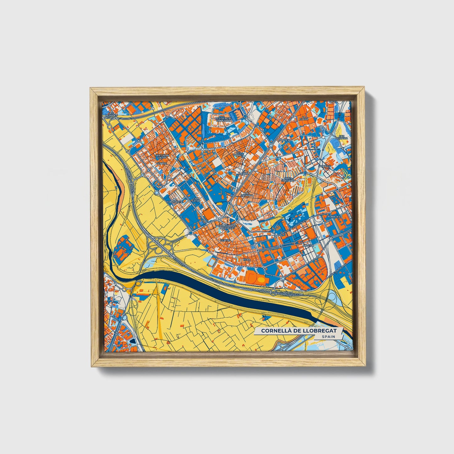 Cornellà De Llobregat Spain Colorful City Map Canvas Print • Natural Wooden Framed