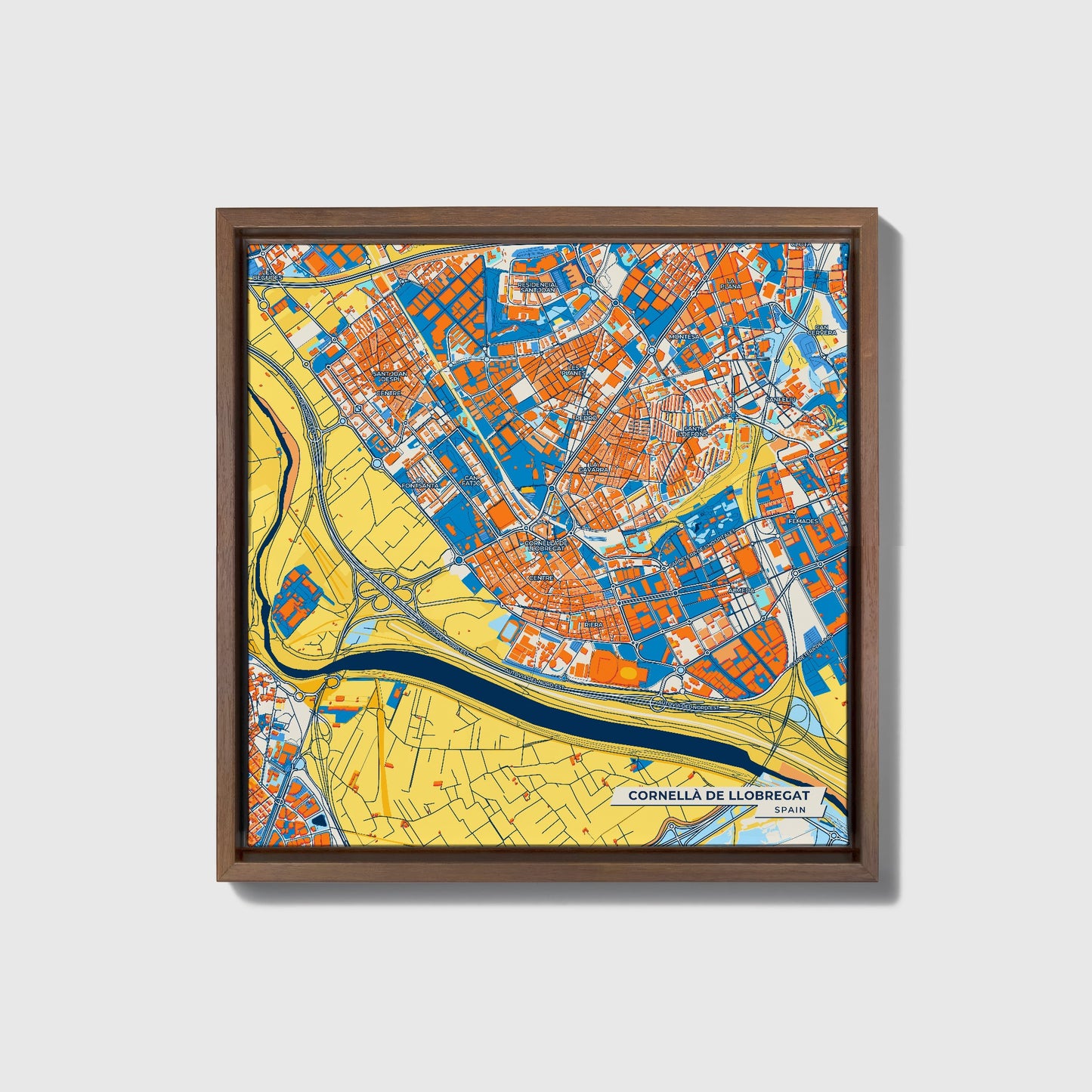 Cornellà De Llobregat Spain Colorful City Map Canvas Print • Dark Wooden Framed