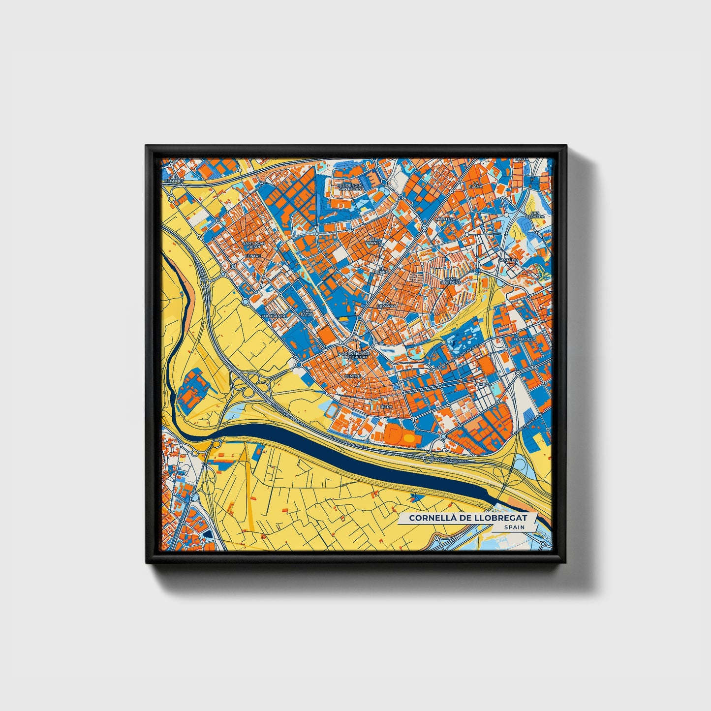 Cornellà De Llobregat Spain Colorful City Map Canvas Print • Black Framed