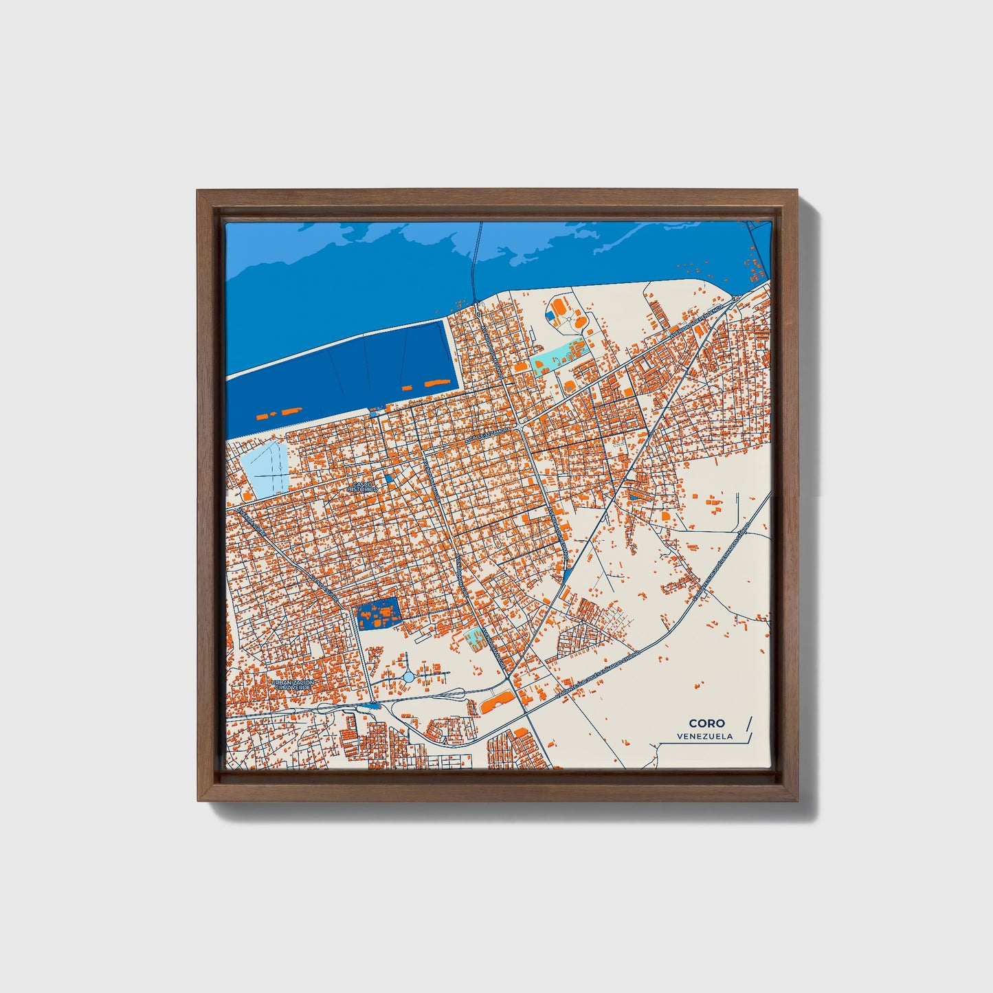 Coro Venezuela Colorful City Map Canvas Print • Dark Wooden Framed