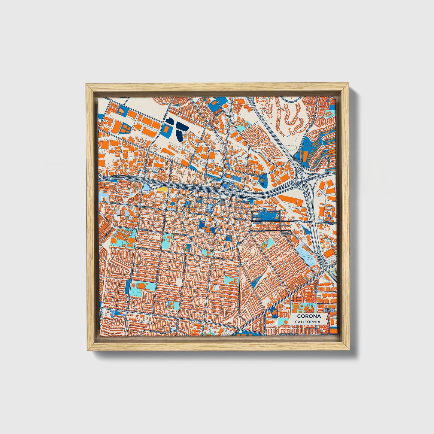 Corona California Colorful City Map Canvas Print • Natural Wooden Framed