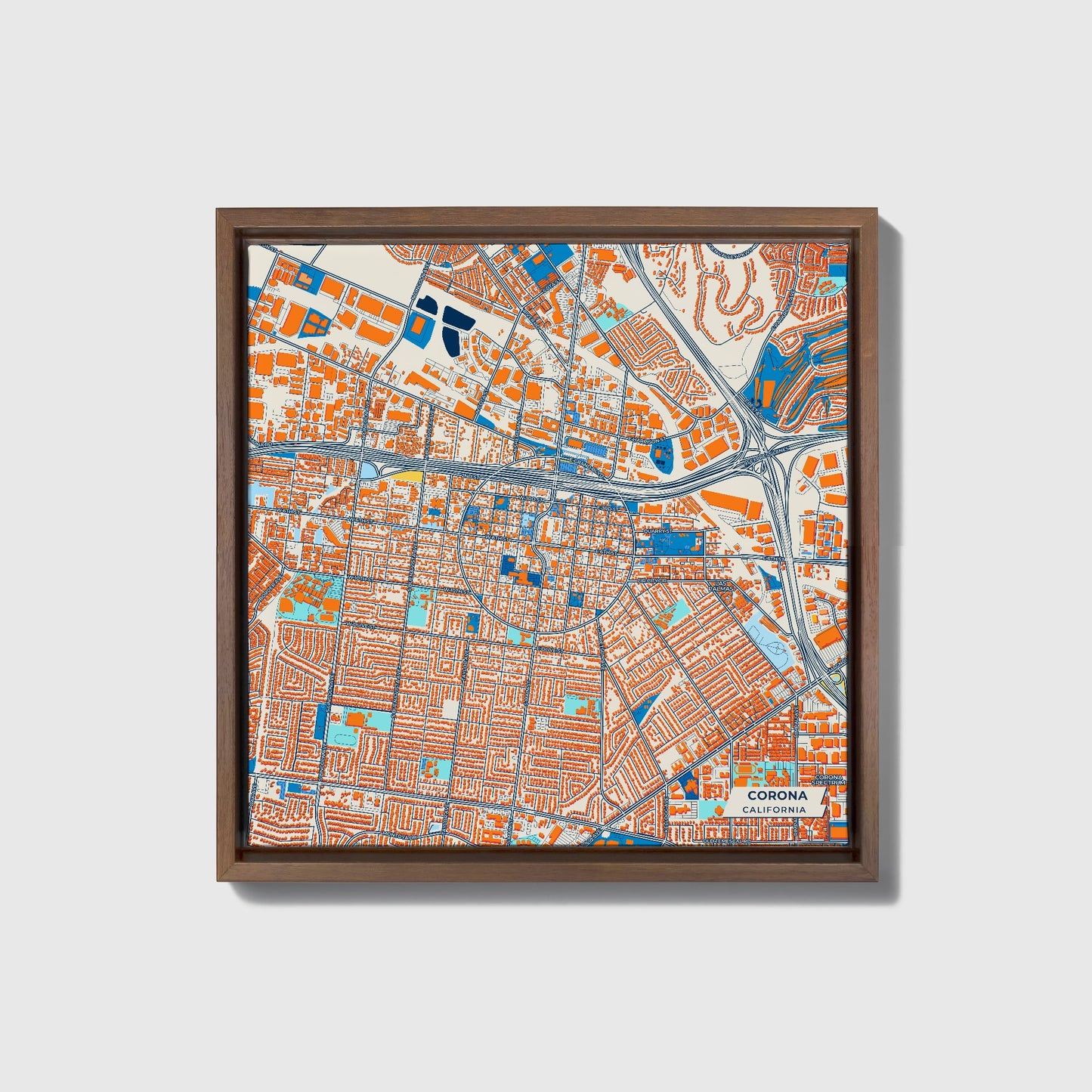 Corona California Colorful City Map Canvas Print • Dark Wooden Framed