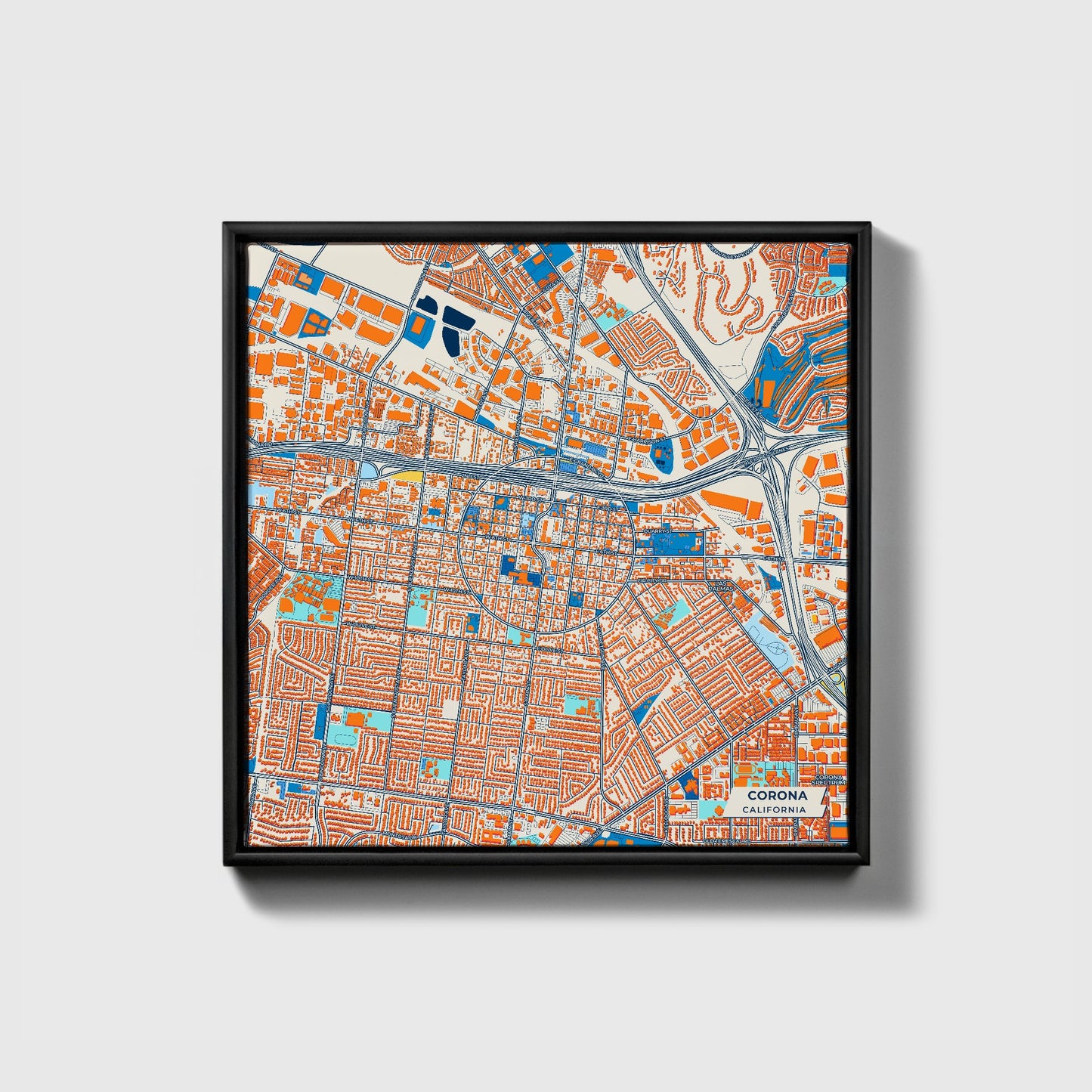 Corona California Colorful City Map Canvas Print • Black Framed