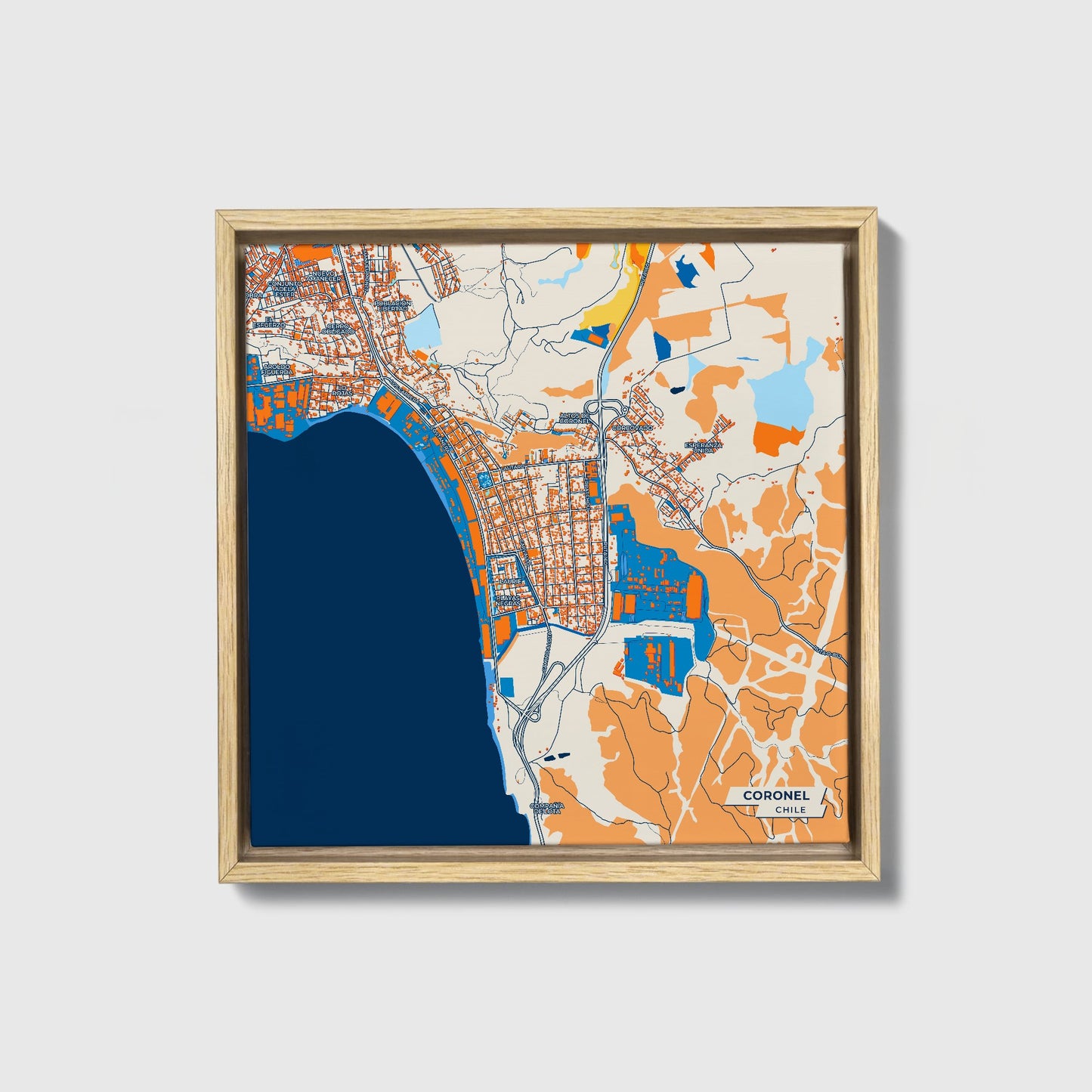 Coronel Chile Colorful City Map Canvas Print • Natural Wooden Framed
