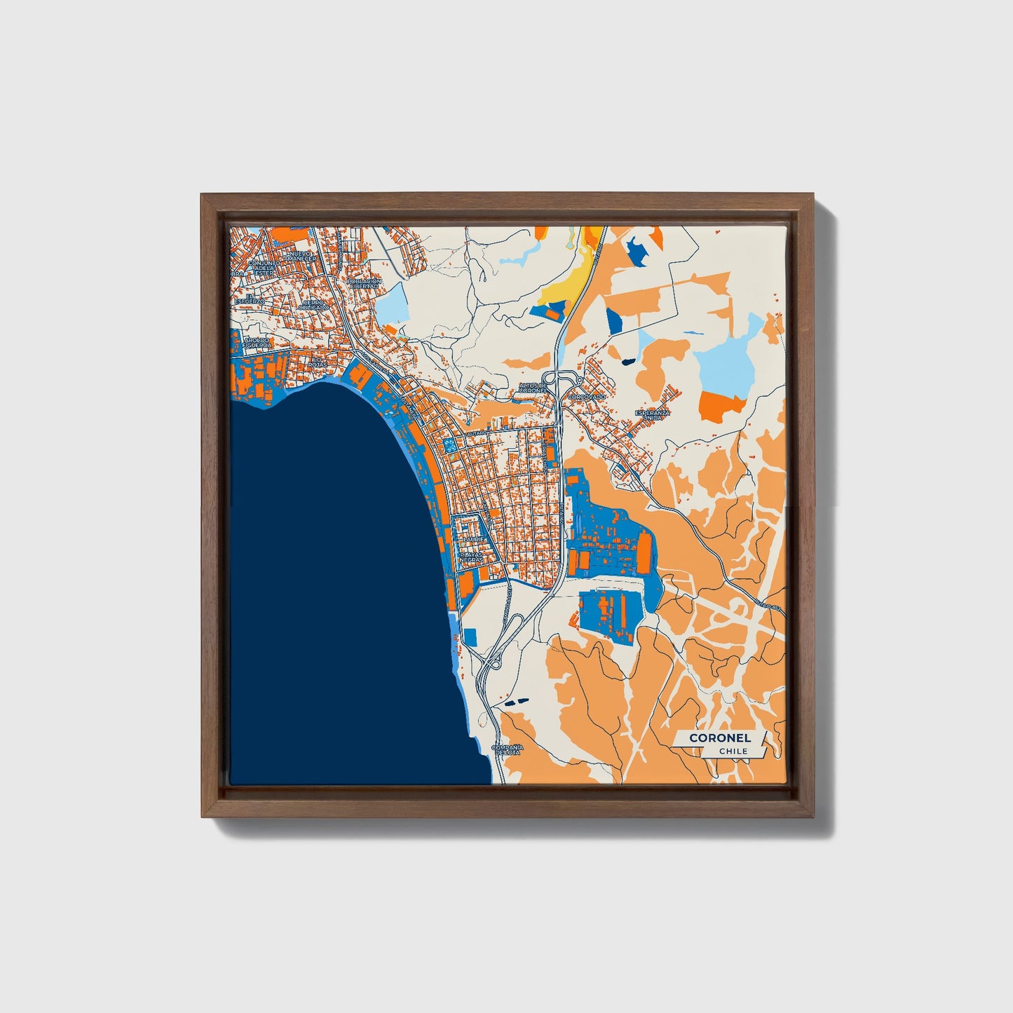 Coronel Chile Colorful City Map Canvas Print • Dark Wooden Framed