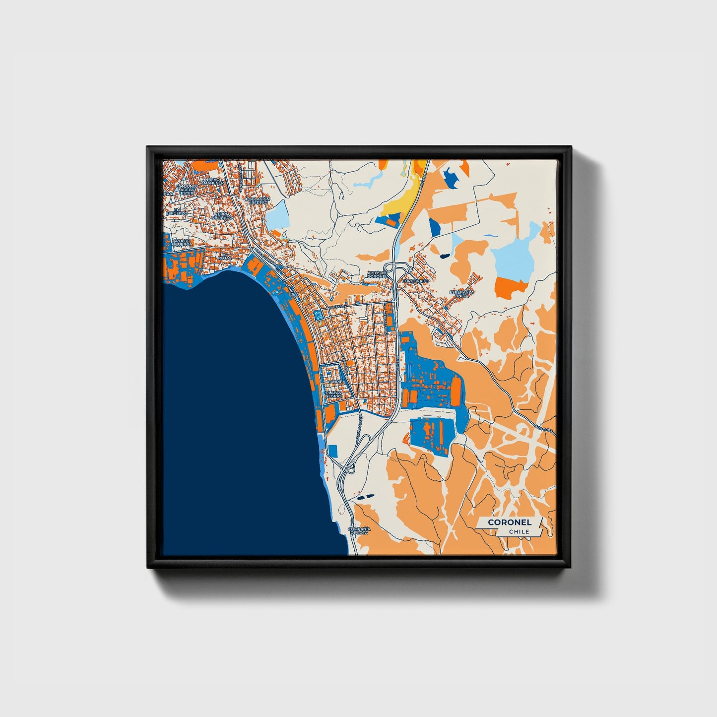 Coronel Chile Colorful City Map Canvas Print • Black Framed