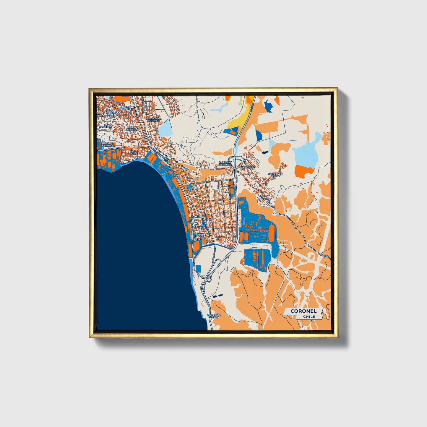 Coronel Chile Colorful City Map Canvas Print • Gold Framed