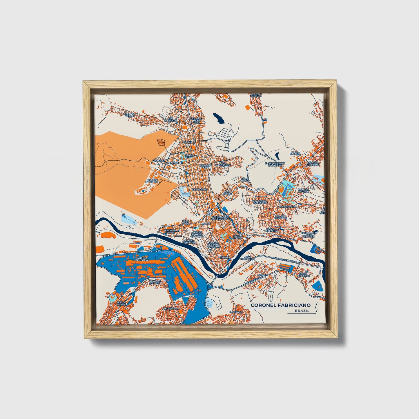 Coronel Fabriciano Brazil Colorful City Map Canvas Print • Natural Wooden Framed
