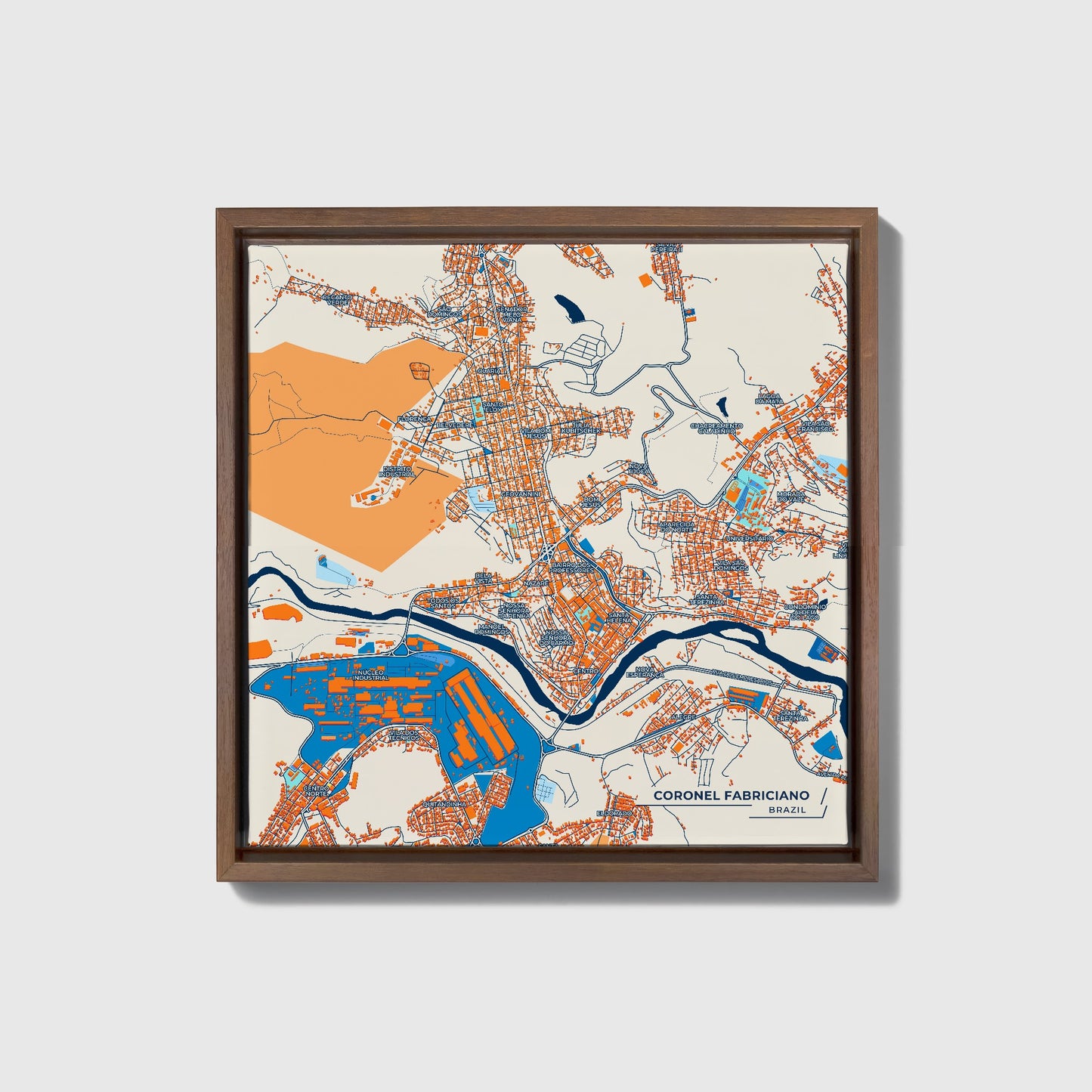 Coronel Fabriciano Brazil Colorful City Map Canvas Print • Dark Wooden Framed