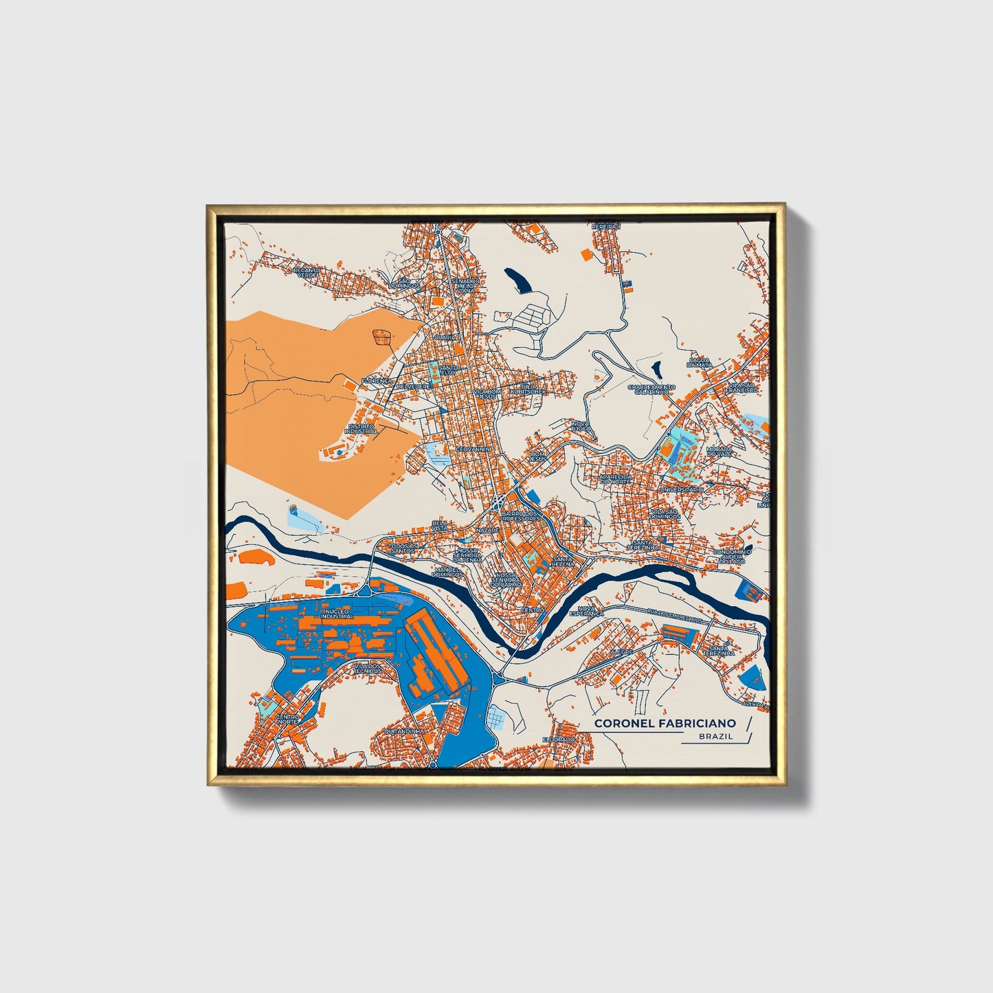 Coronel Fabriciano Brazil Colorful City Map Canvas Print • Gold Framed