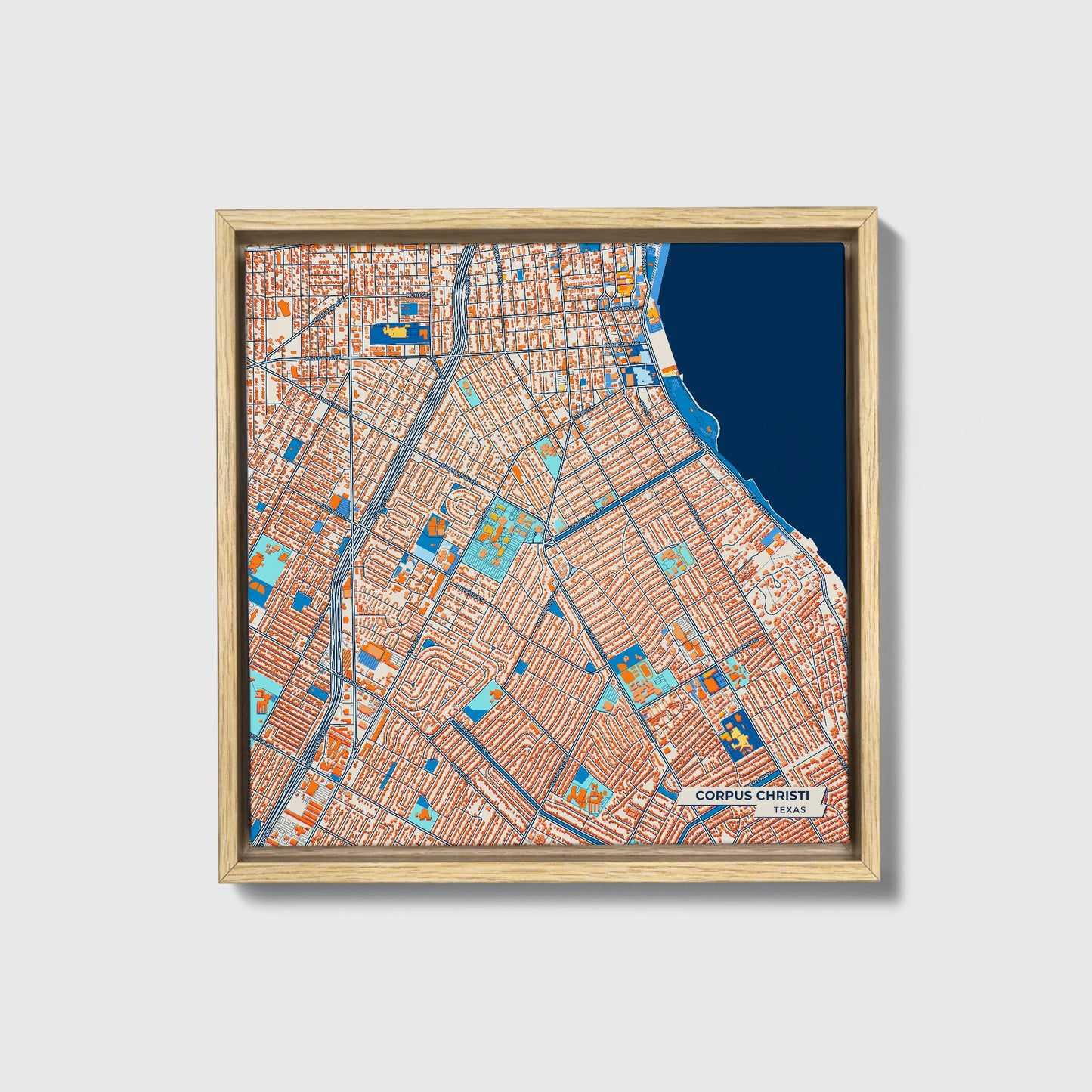 Corpus Christi Texas Colorful City Map Canvas Print • Natural Wooden Framed