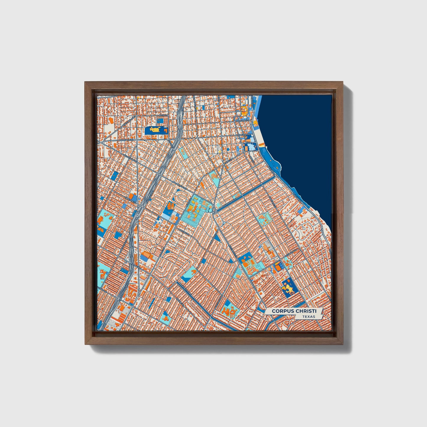 Corpus Christi Texas Colorful City Map Canvas Print • Dark Wooden Framed