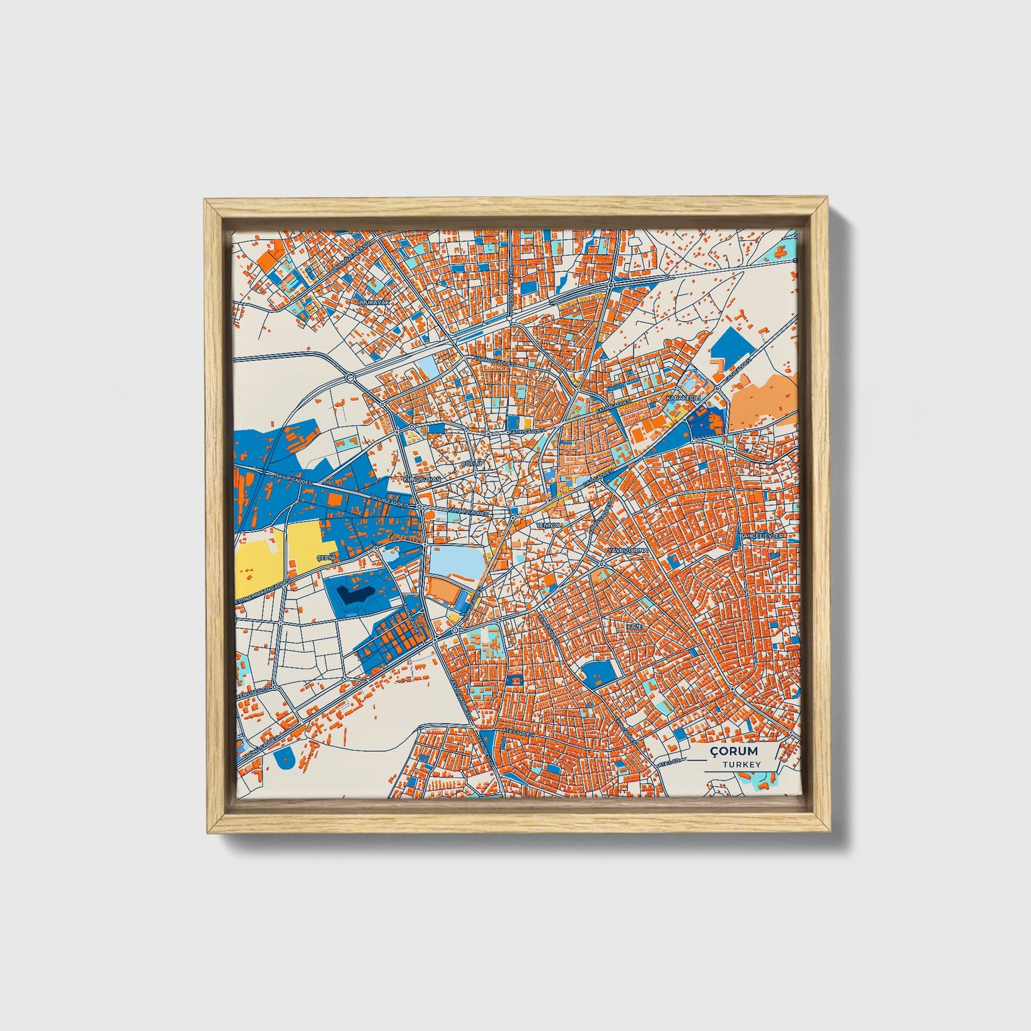Çorum Turkey Colorful City Map Canvas Print • Natural Wooden Framed