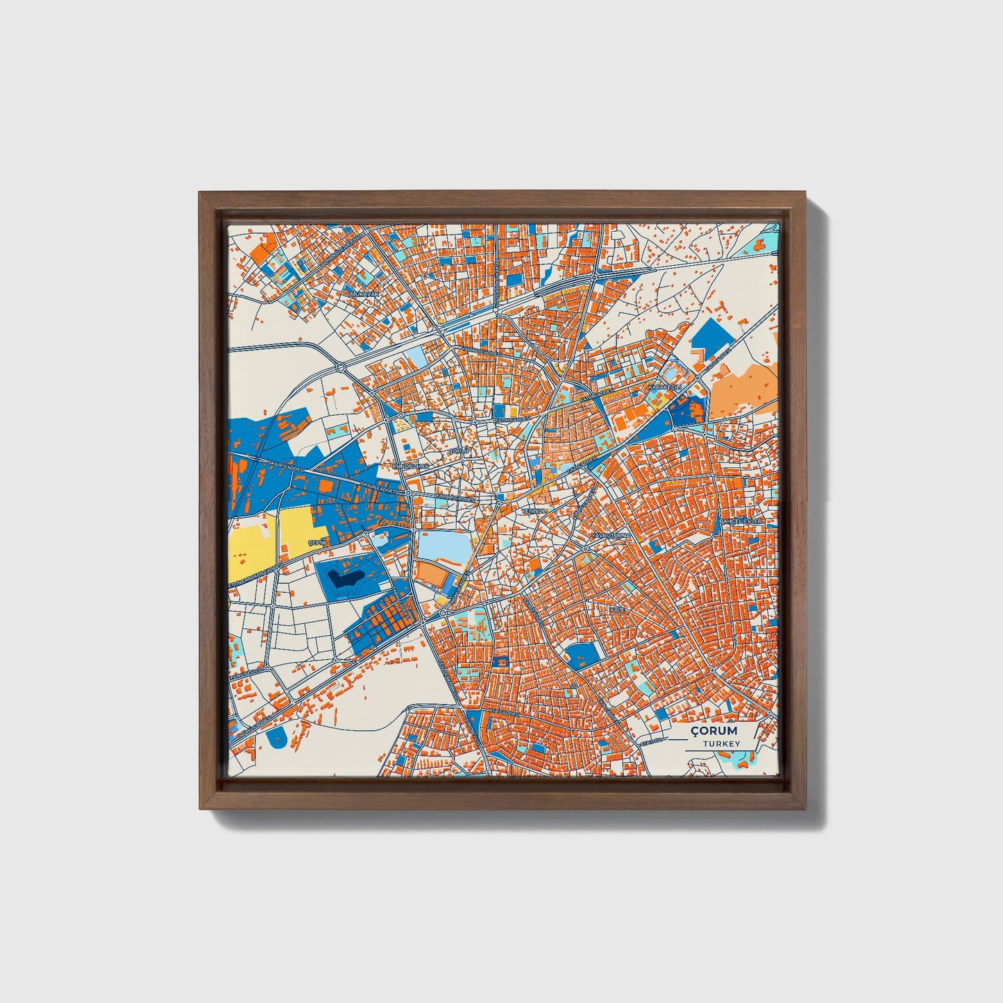 Çorum Turkey Colorful City Map Canvas Print • Dark Wooden Framed