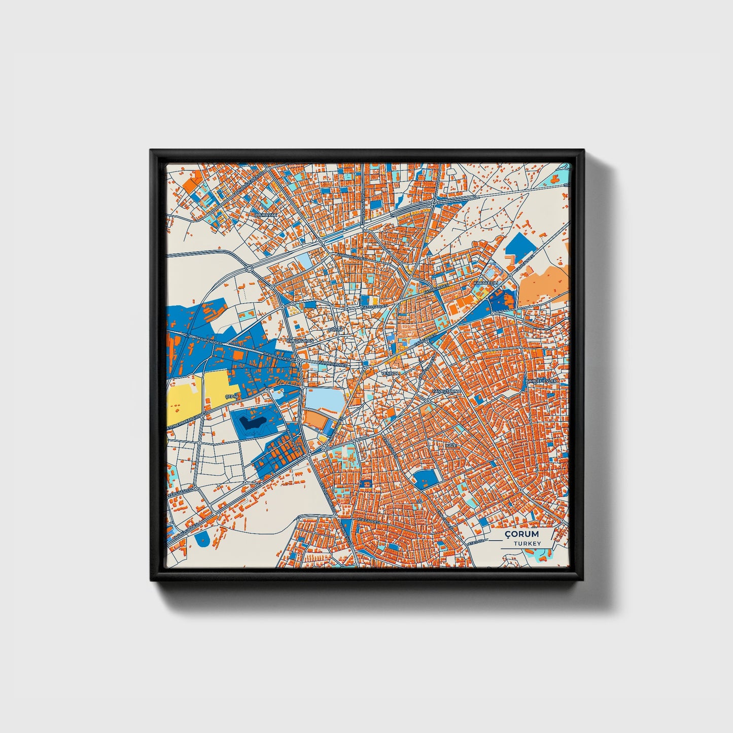 Çorum Turkey Colorful City Map Canvas Print • Black Framed