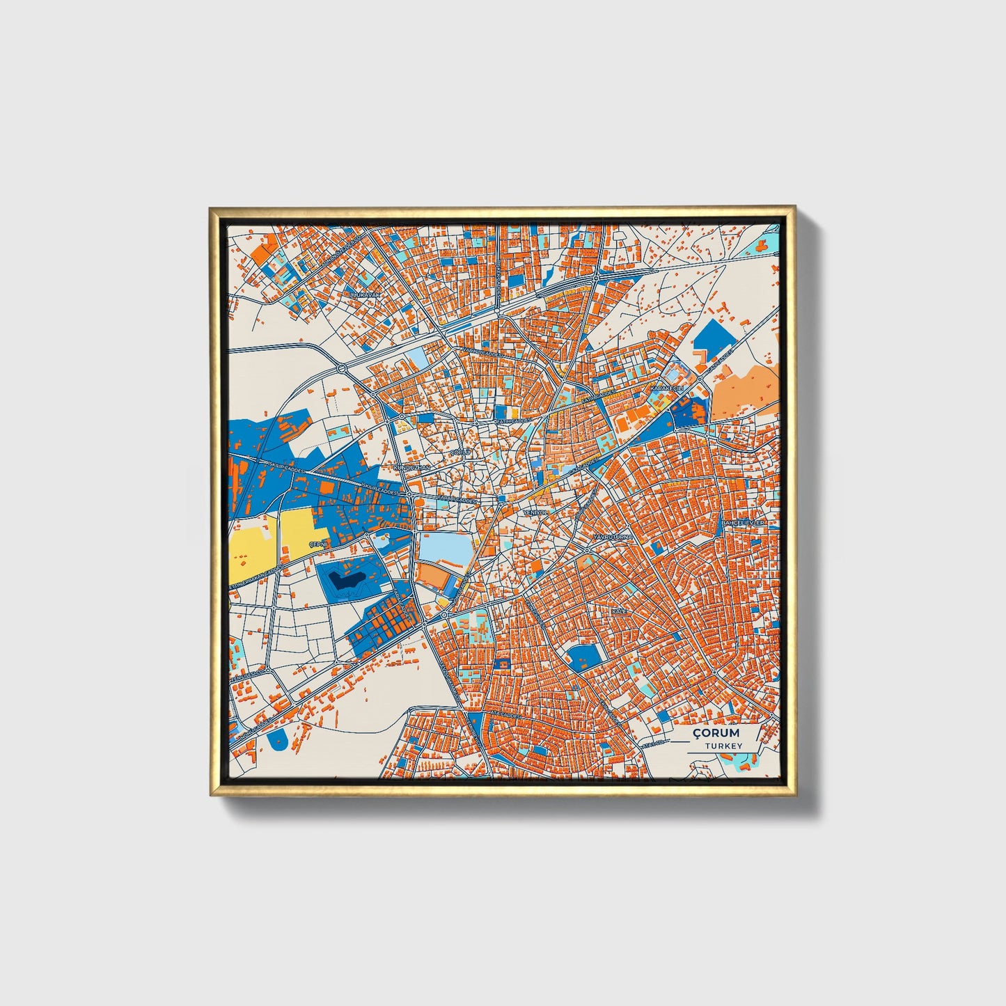 Çorum Turkey Colorful City Map Canvas Print • Gold Framed