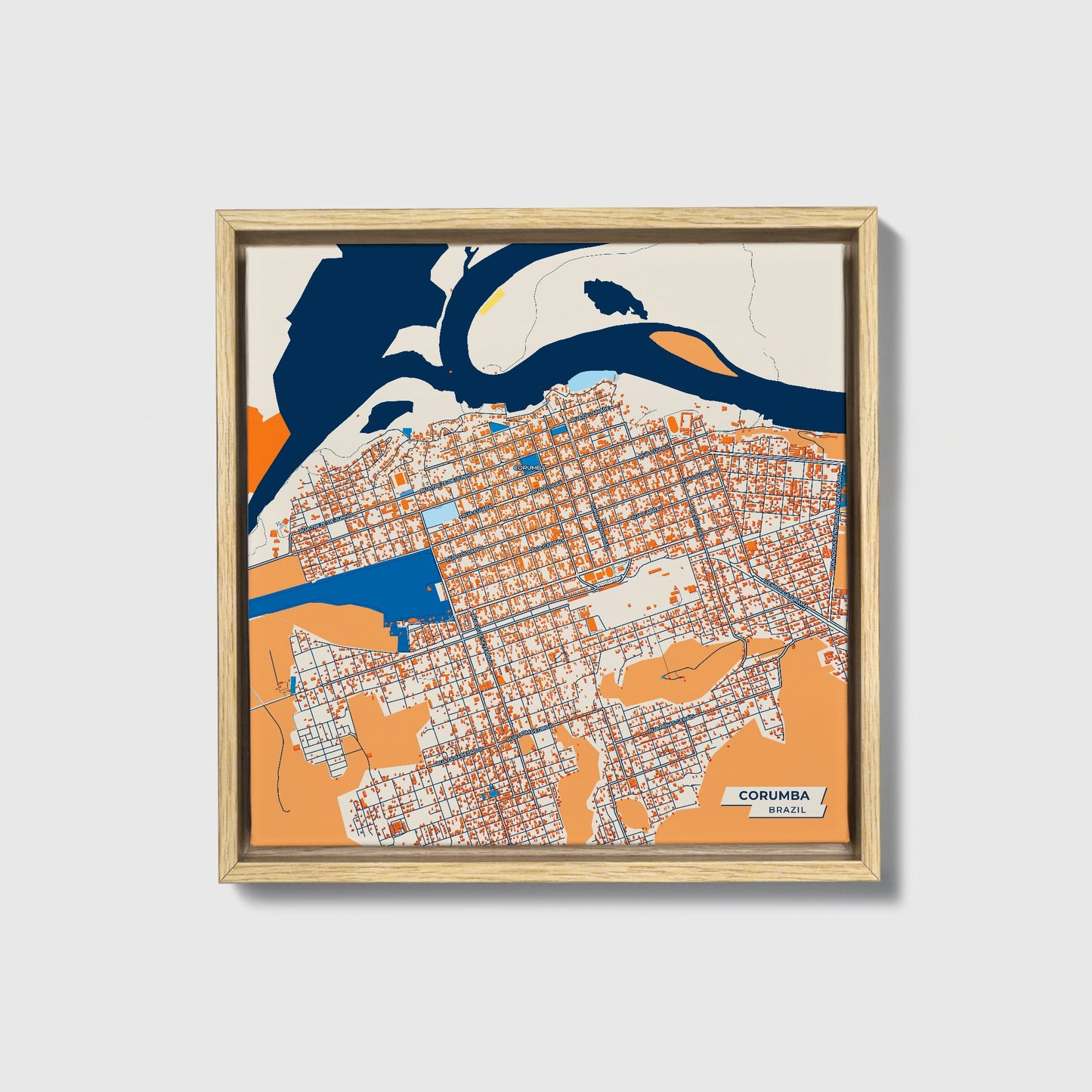 Corumba Brazil Colorful City Map Canvas Print • Natural Wooden Framed