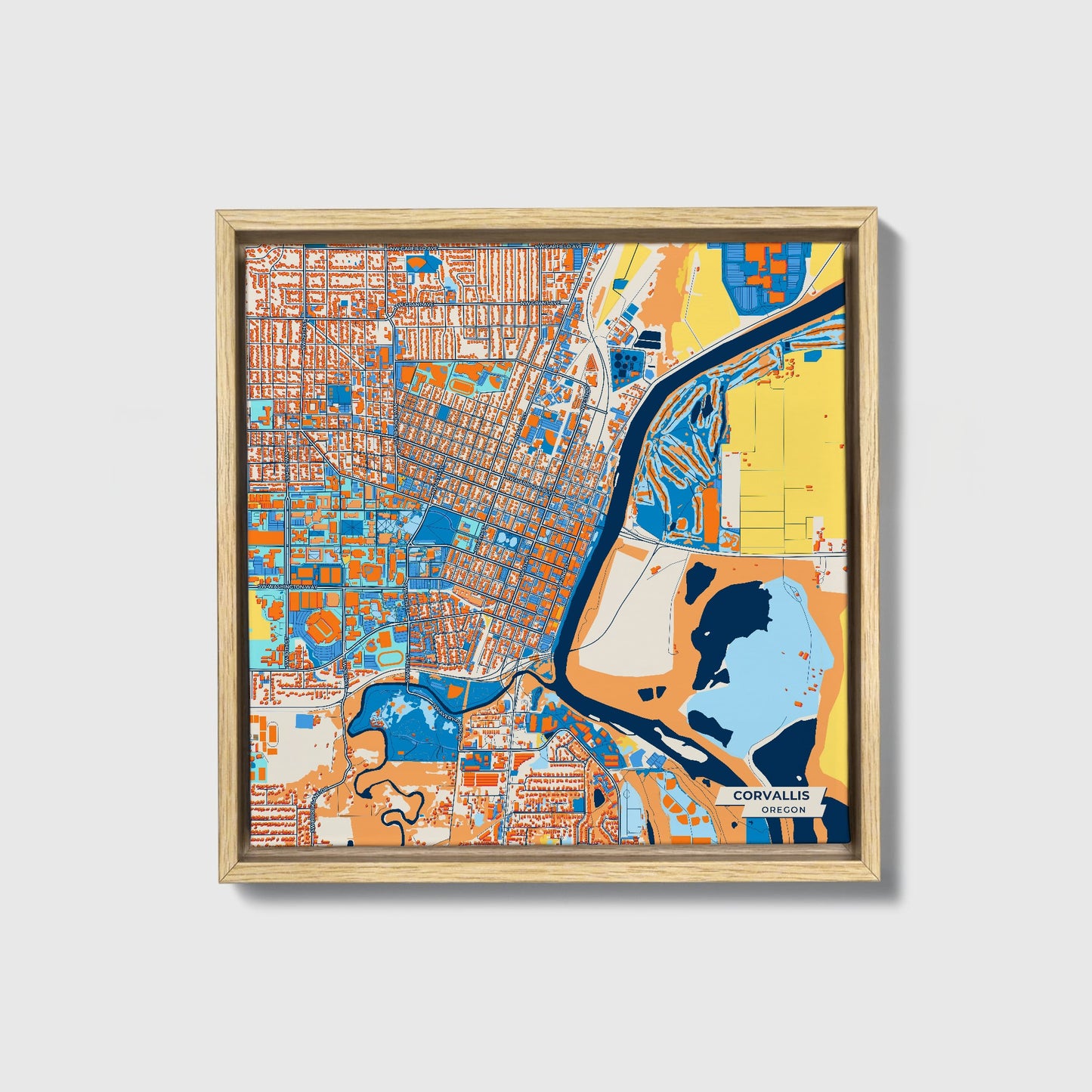 Corvallis Oregon Colorful City Map Canvas Print • Natural Wooden Framed