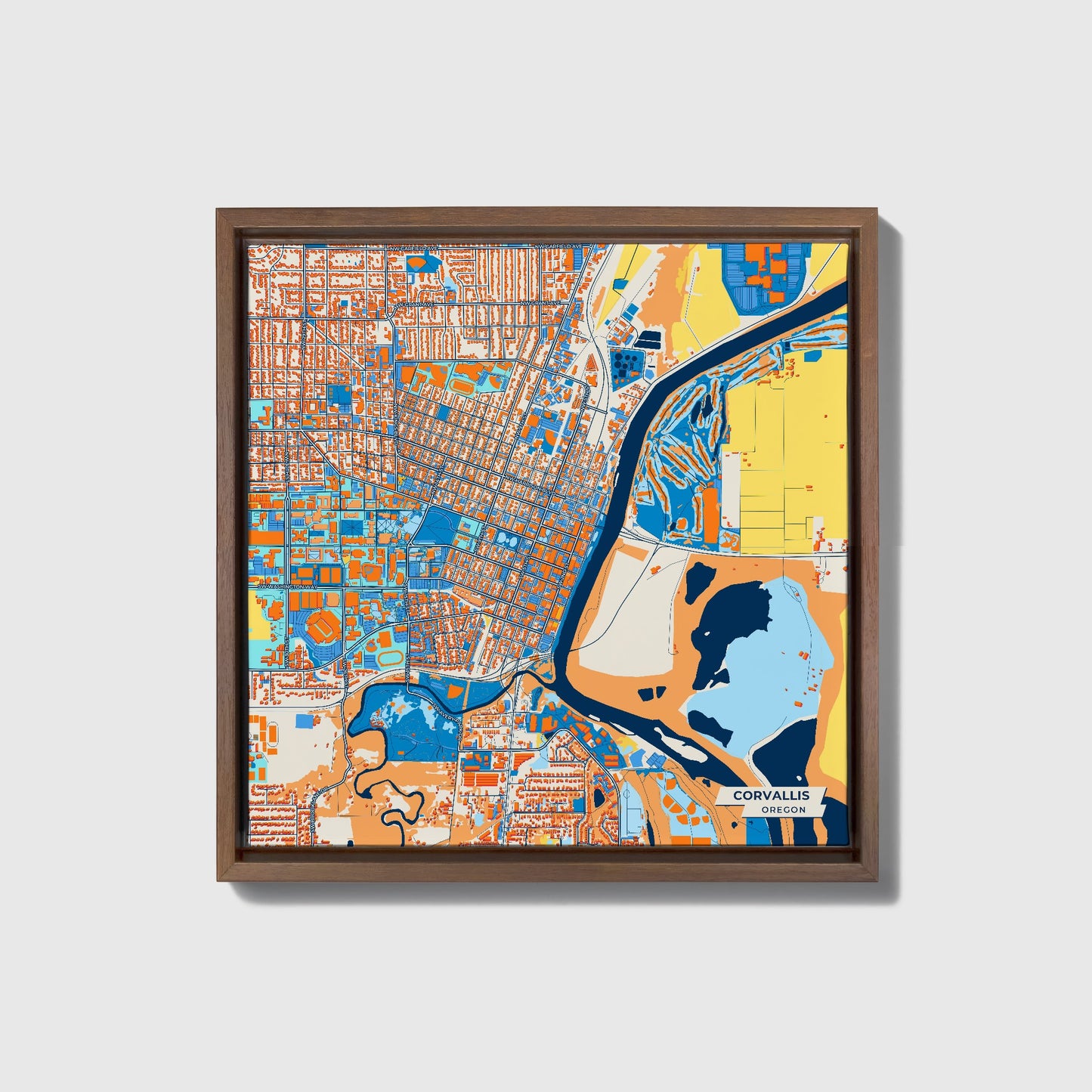 Corvallis Oregon Colorful City Map Canvas Print • Dark Wooden Framed