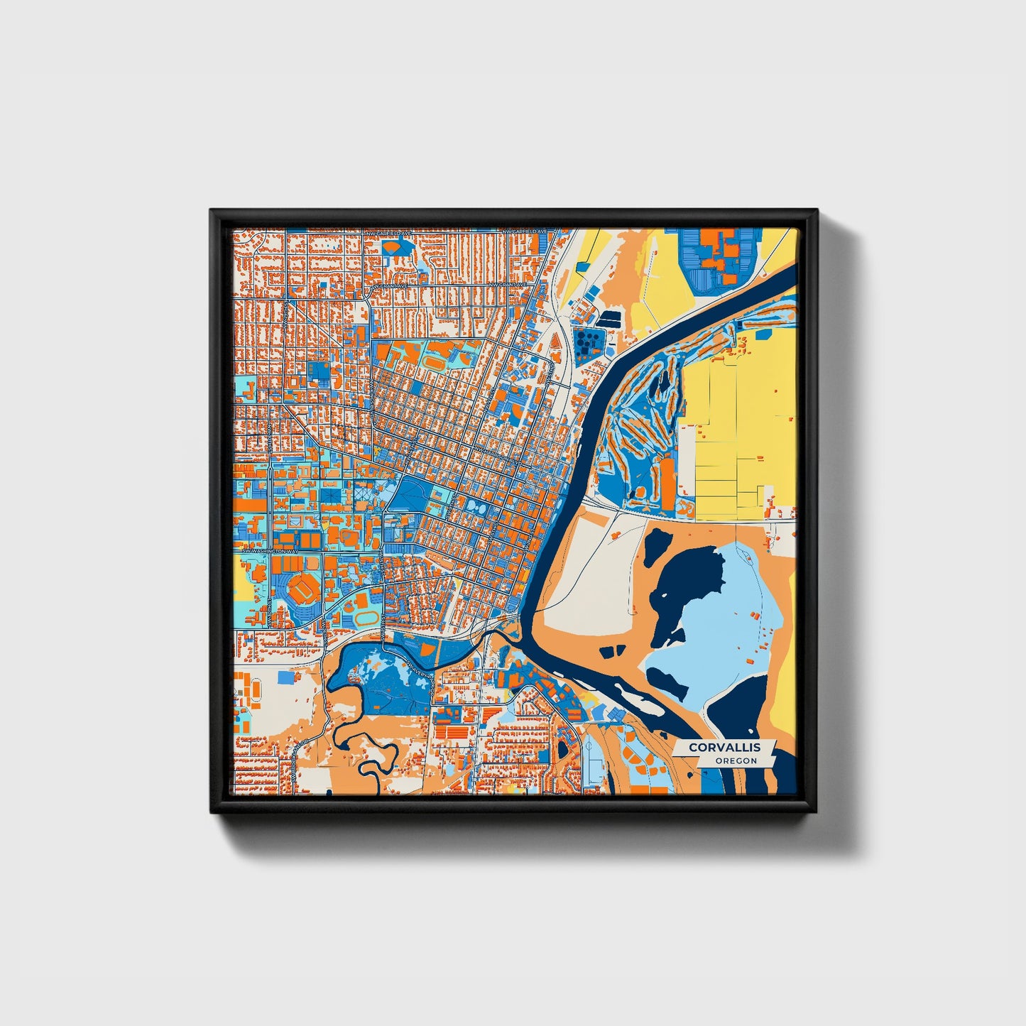 Corvallis Oregon Colorful City Map Canvas Print • Black Framed