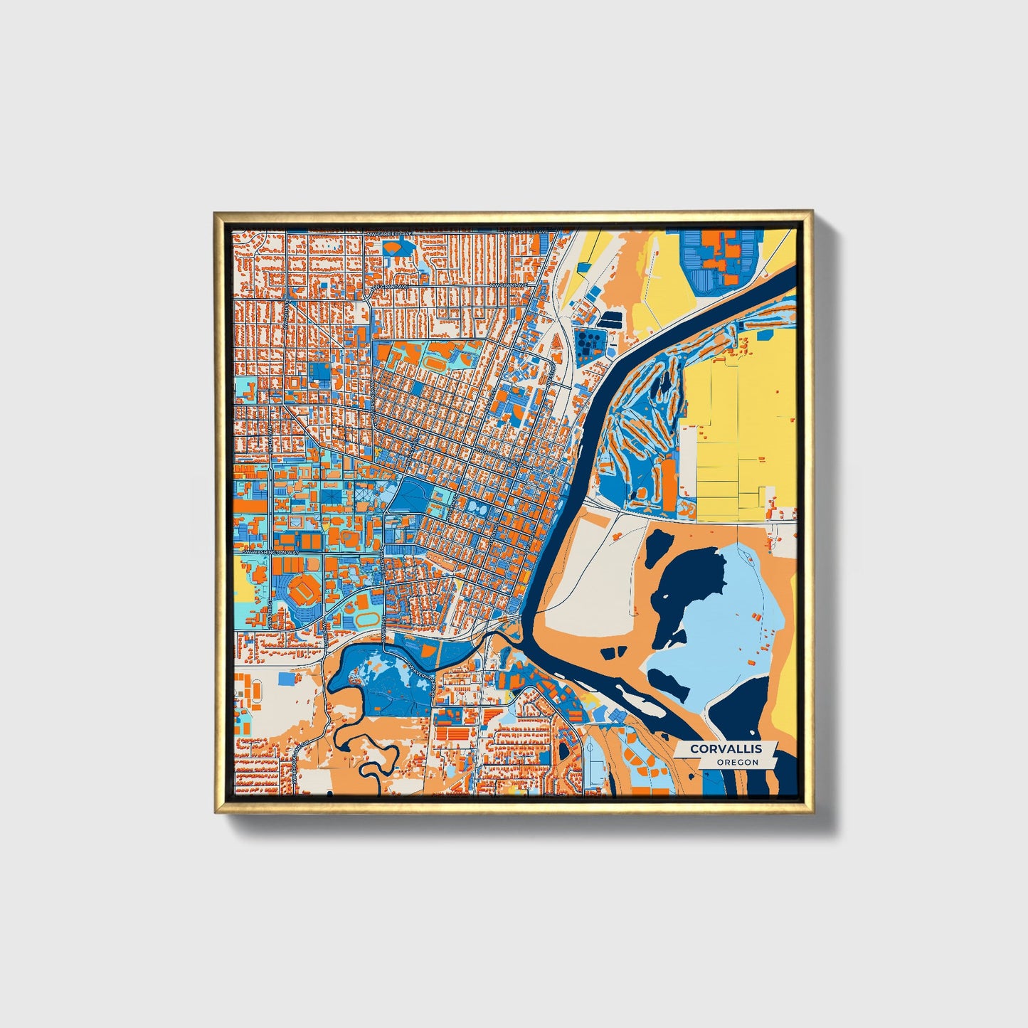 Corvallis Oregon Colorful City Map Canvas Print • Gold Framed