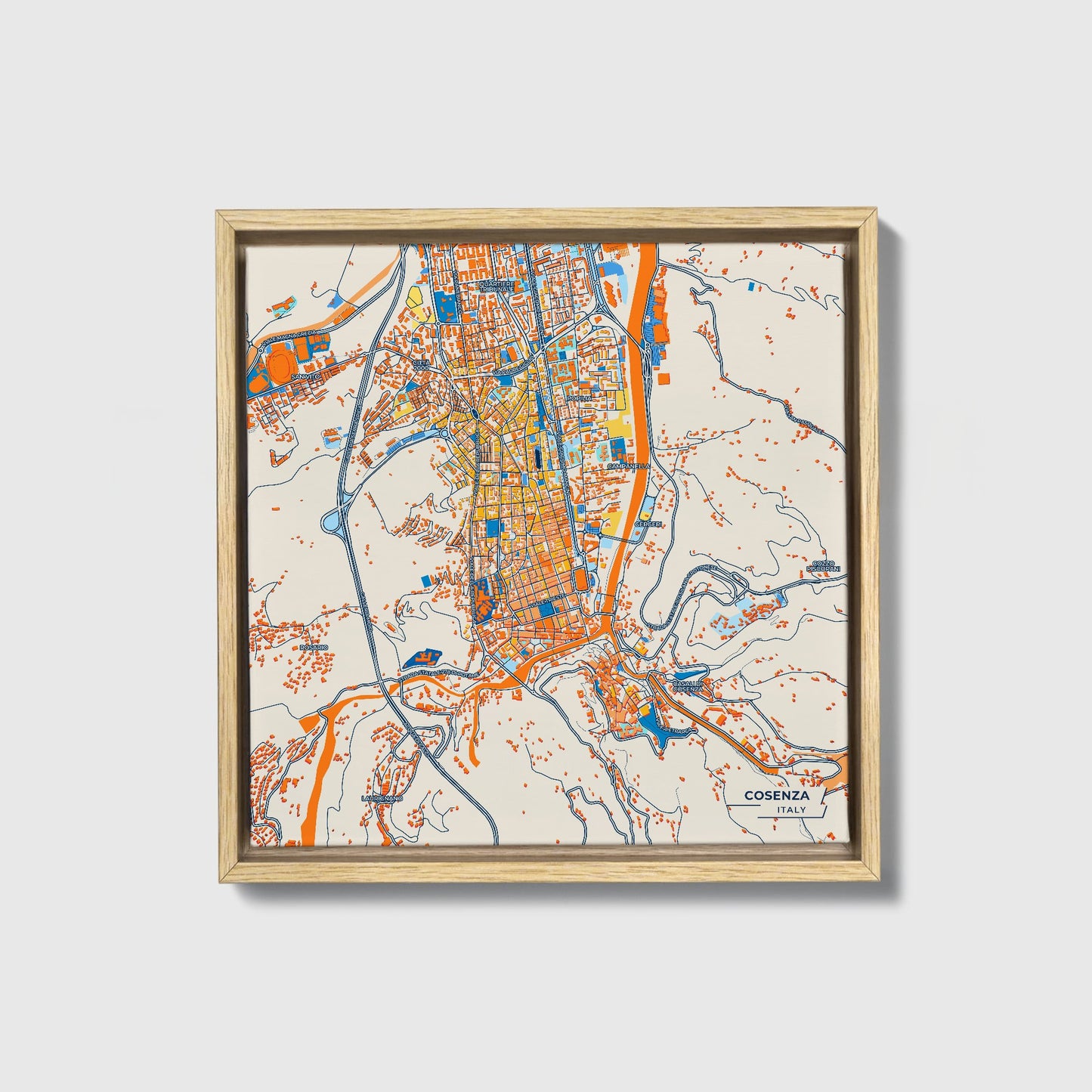Cosenza Italy Colorful City Map Canvas Print • Natural Wooden Framed