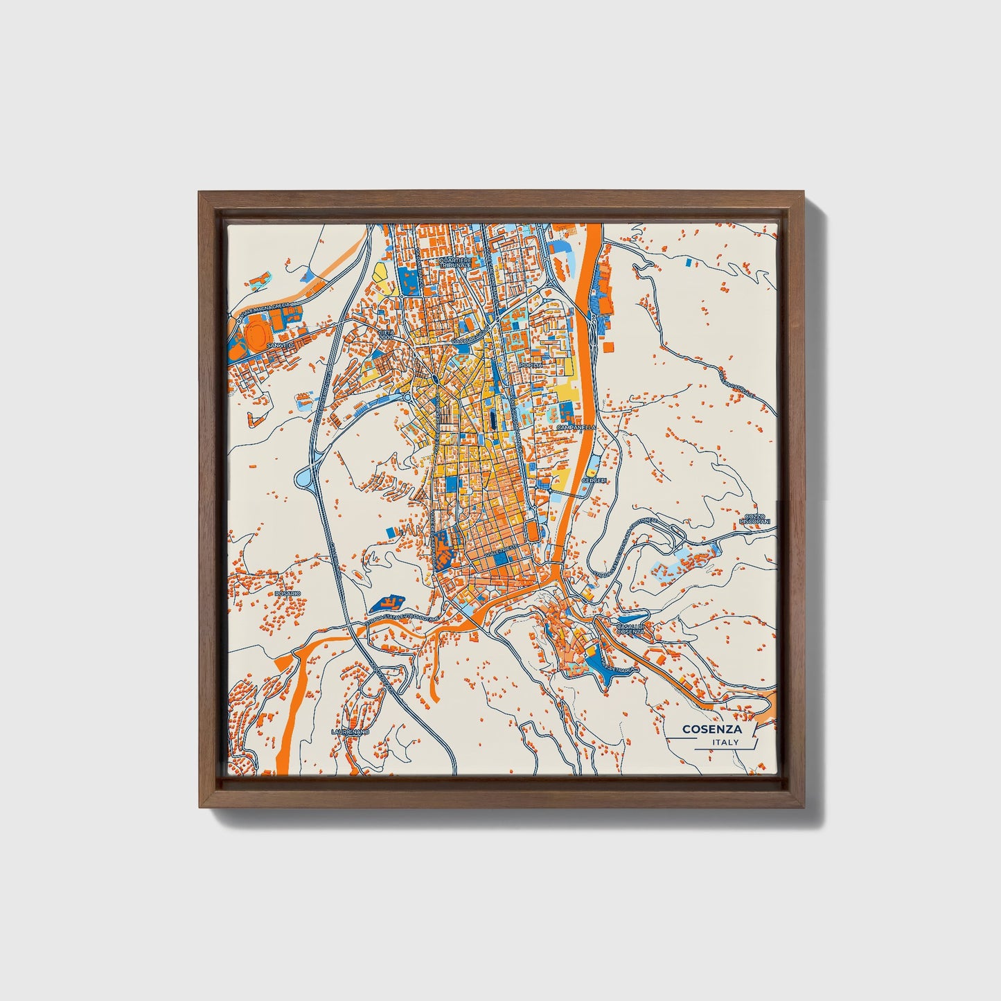 Cosenza Italy Colorful City Map Canvas Print • Dark Wooden Framed