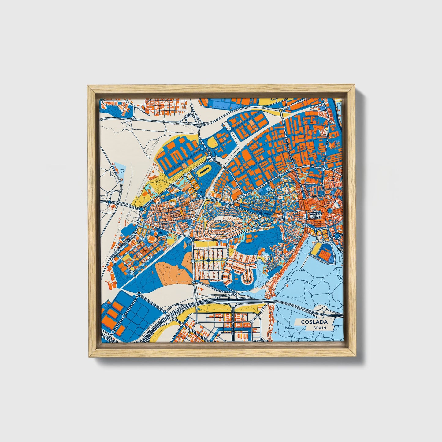 Coslada Spain Colorful City Map Canvas Print • Natural Wooden Framed