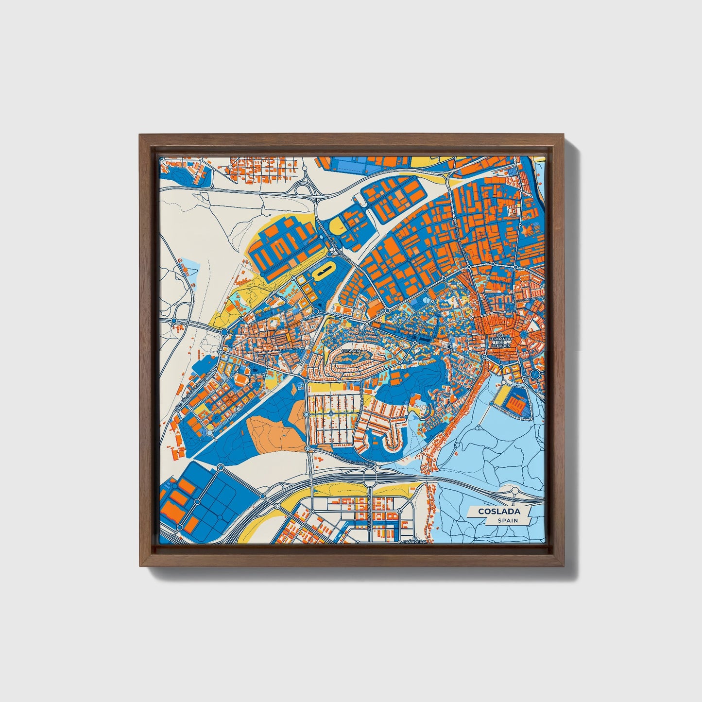 Coslada Spain Colorful City Map Canvas Print • Dark Wooden Framed