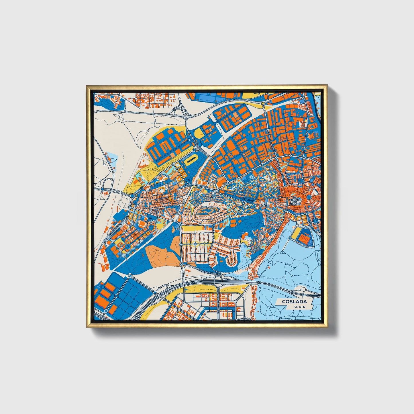 Coslada Spain Colorful City Map Canvas Print • Gold Framed