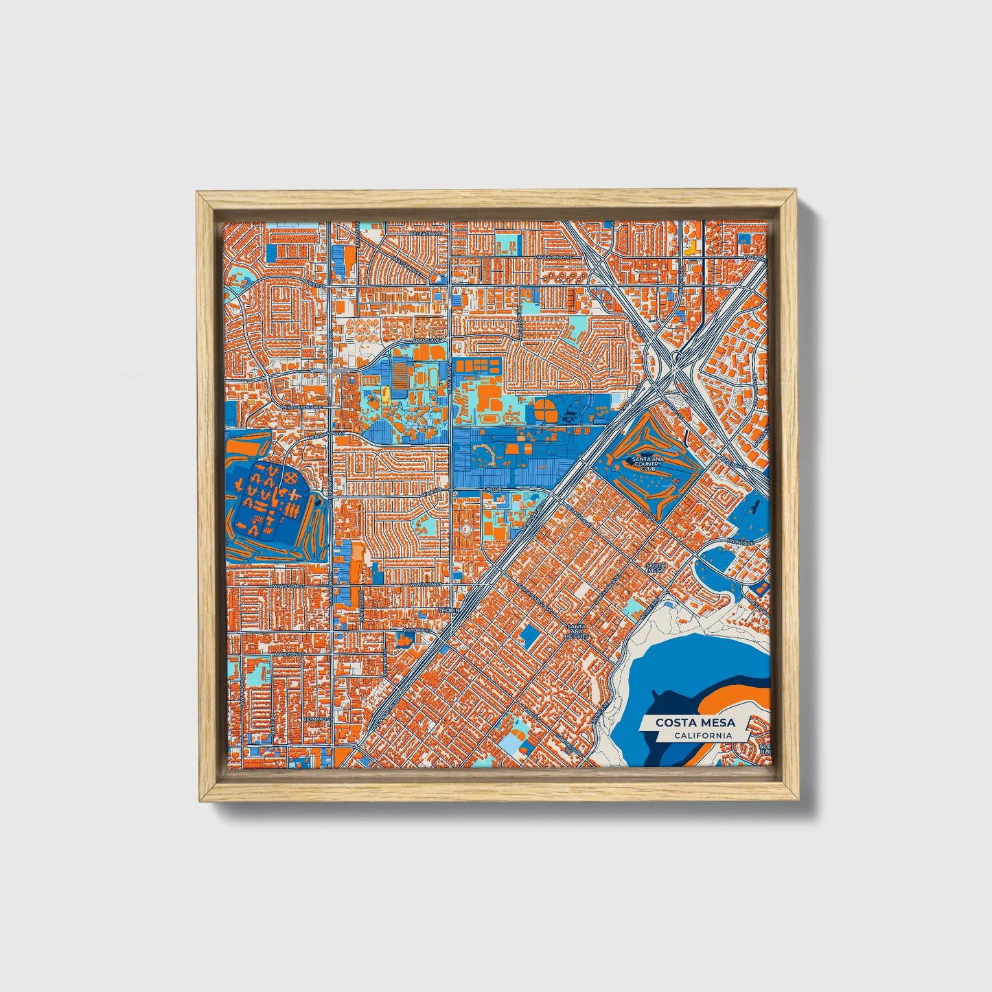 Costa Mesa California Colorful City Map Canvas Print • Natural Wooden Framed