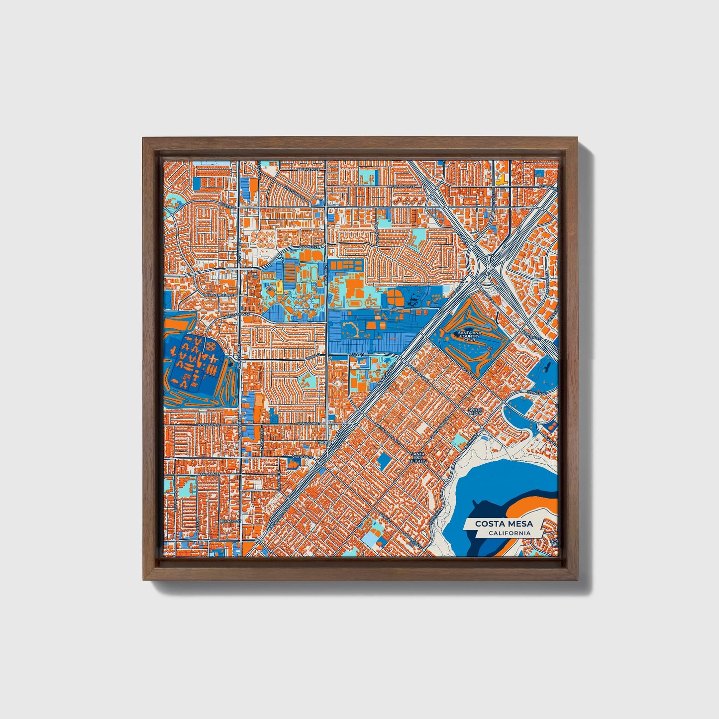 Costa Mesa California Colorful City Map Canvas Print • Dark Wooden Framed